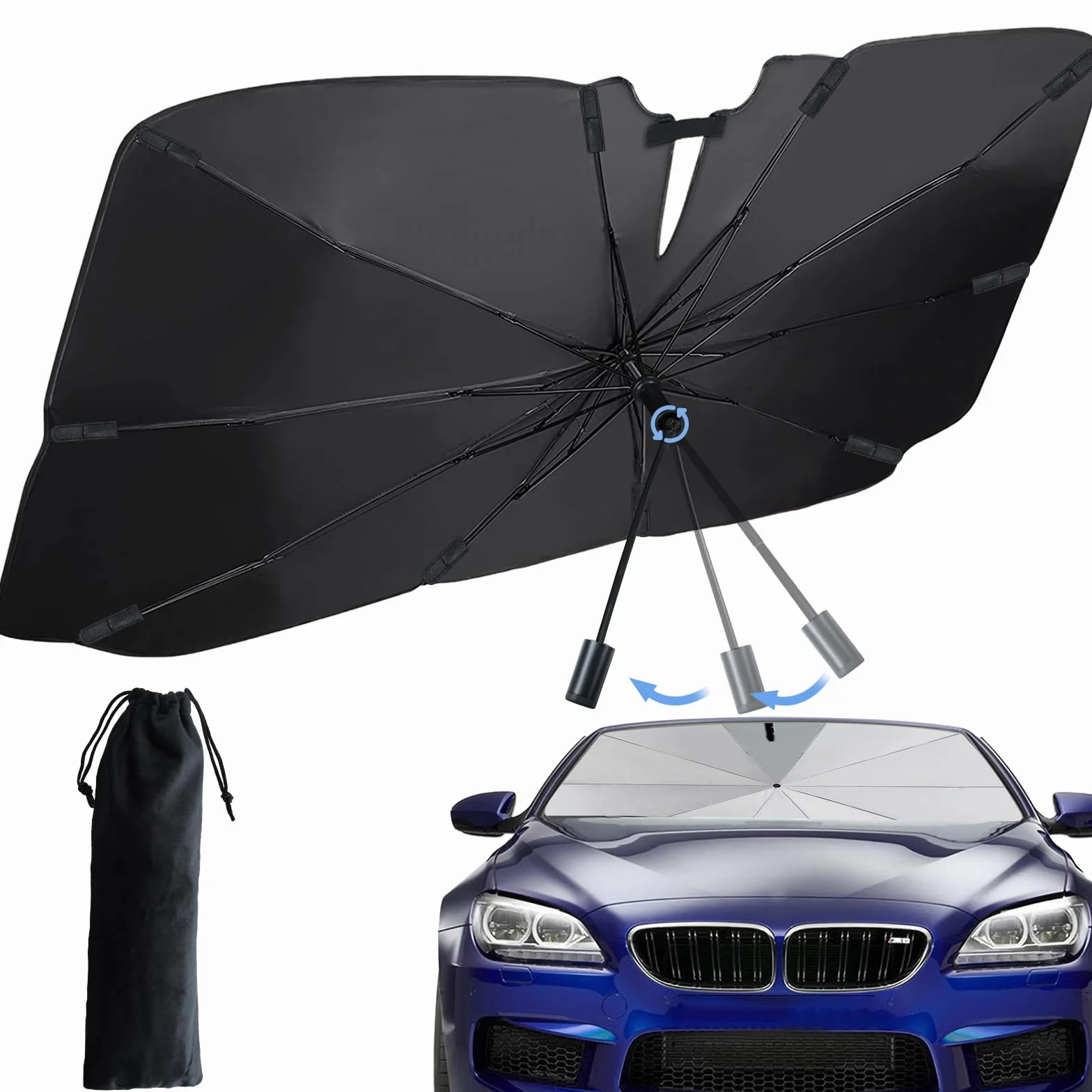 Parasole Auto Ombrello Pieghevole Anti-UV Isolation Thermique 138x80cm per SUV MVP Camion