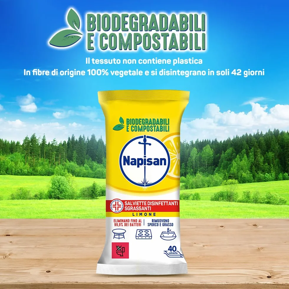 Napisan Salviette Disinfettanti al Limone Confezione 8 Pacchi x 40 Salviette Multisuperfici Biodegradabili