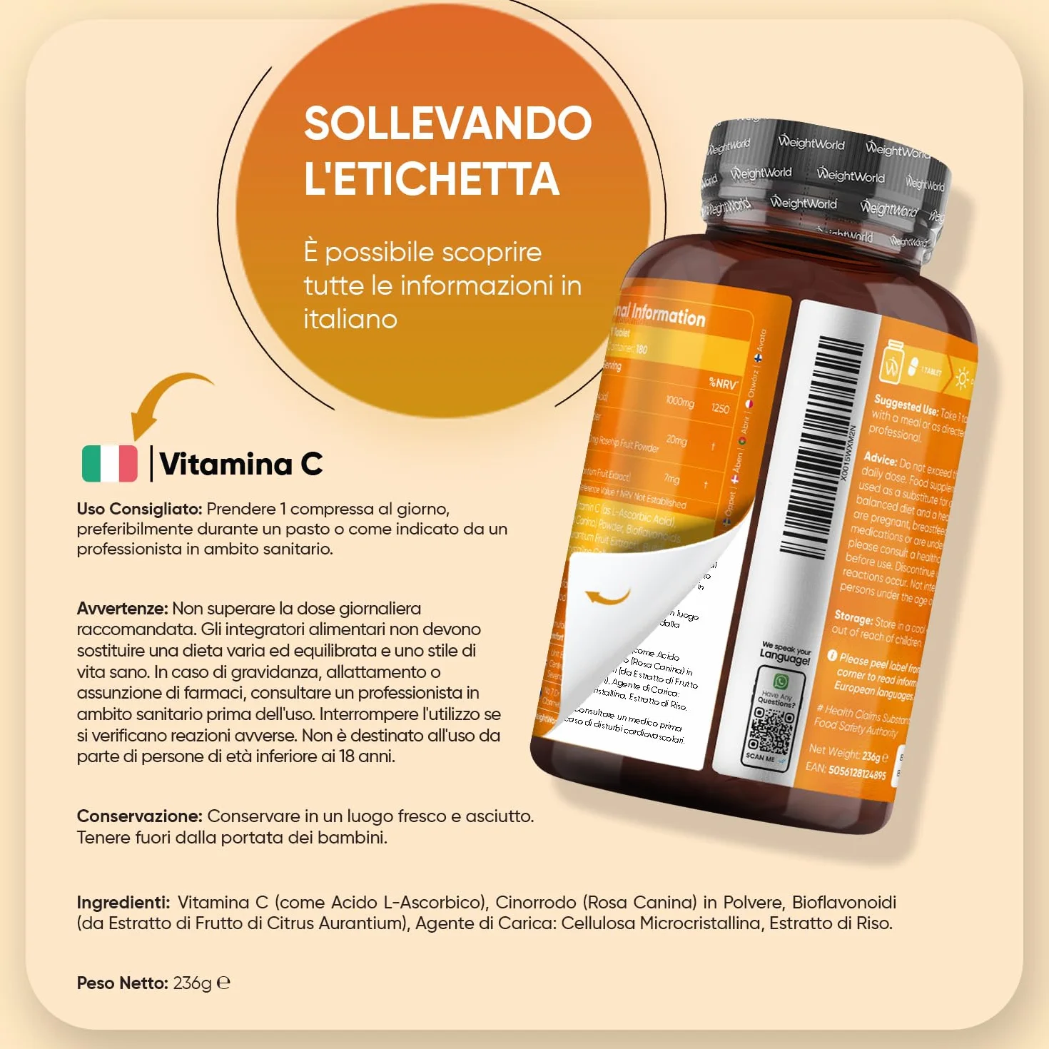 Vitamina C 1000mg Vegana con Rosa Canina 180 Compresse Integratore Acido Ascorbico Bioflavonoidi