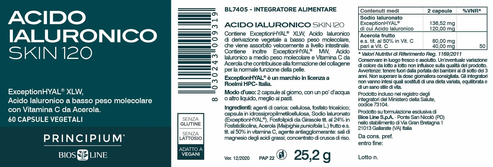 BIOS LINE Principium Acido Ialuronico 120 Integratore Alimentare per la Pelle, 60 Compresse
