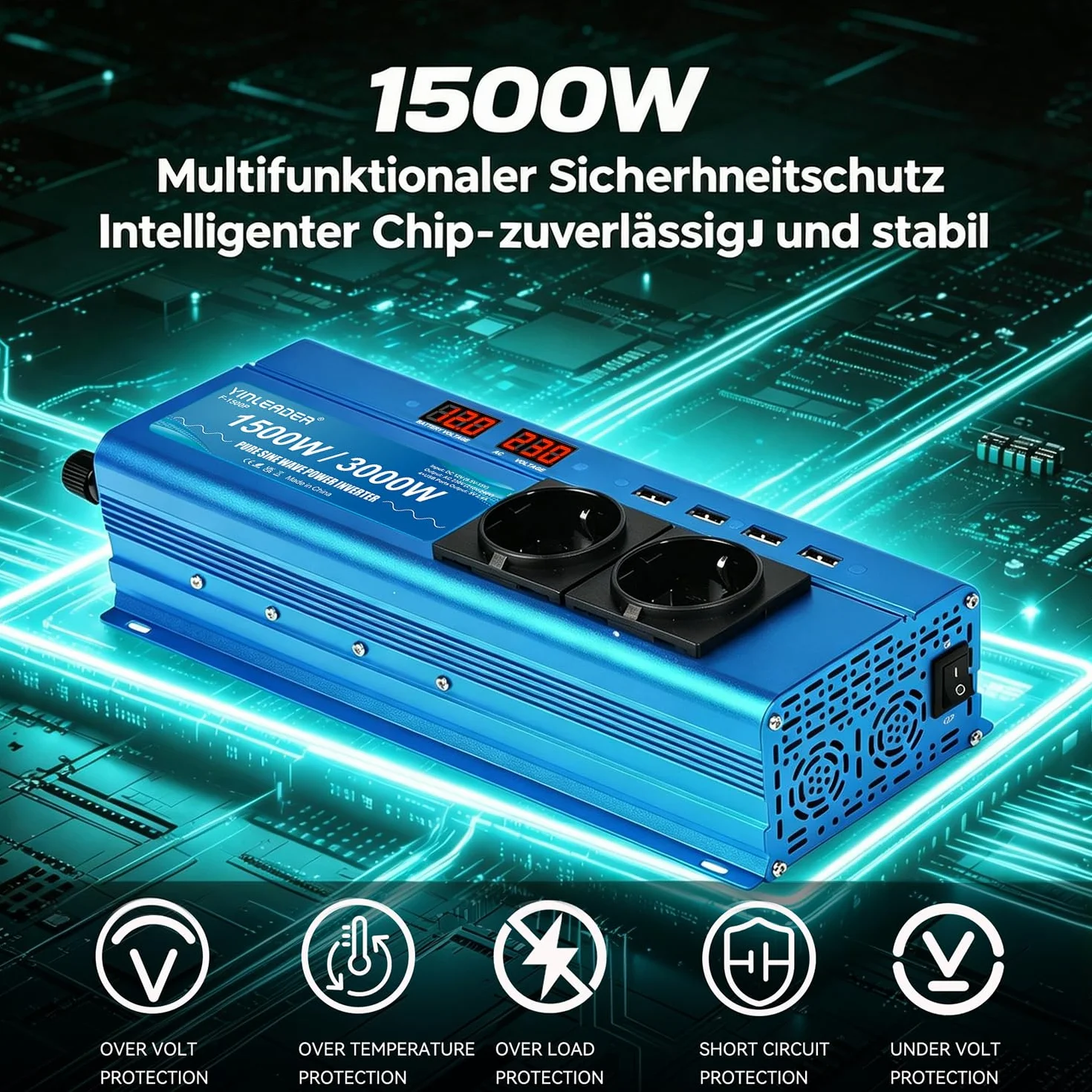 Yinleader 1500W 3000W Pure Sine Wave Power Inverter DC 12V to AC 220V 230V with 2 AC Outlets 4 USB Ports for Car Truck Camper