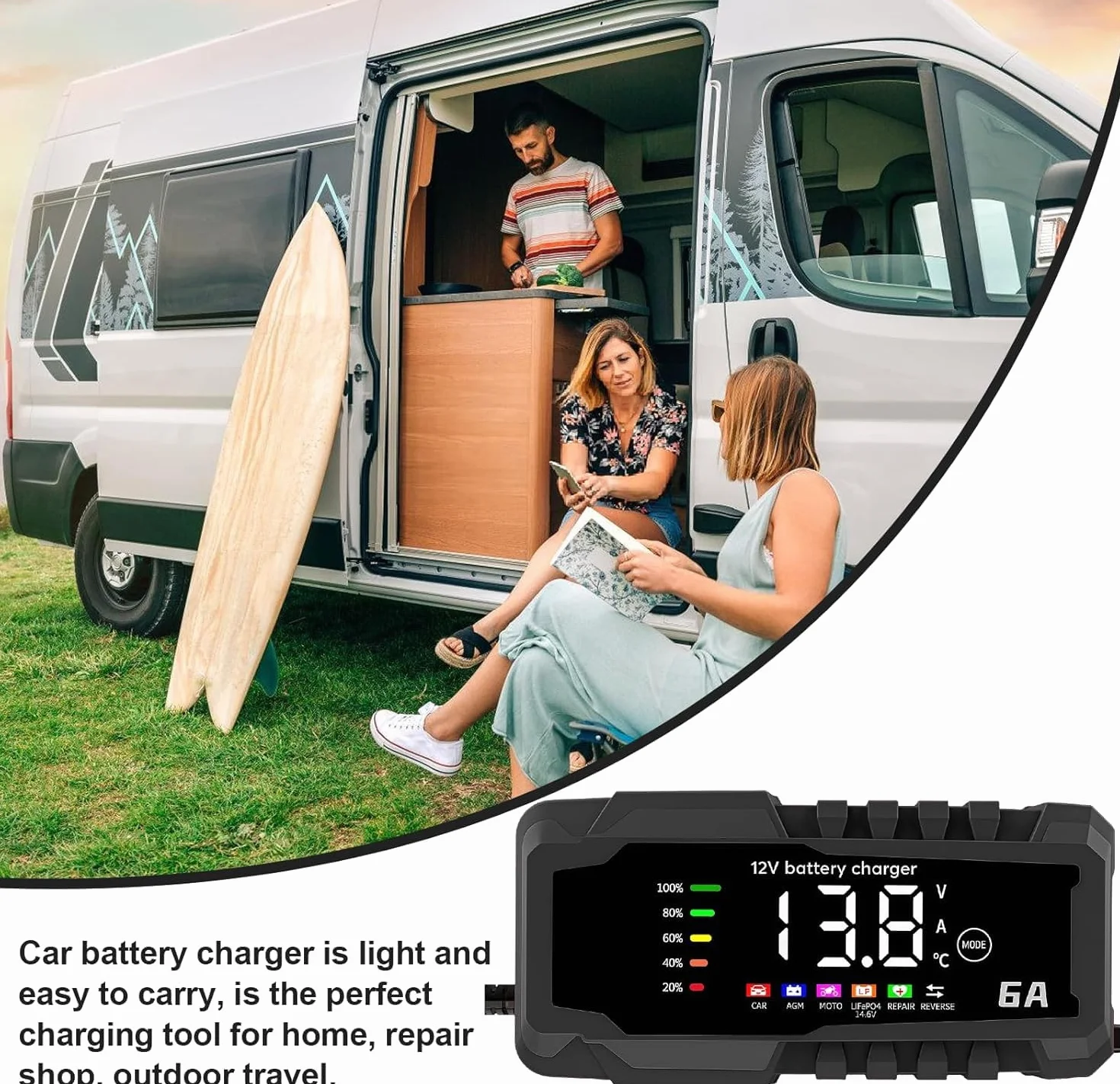 SQUADO Caricabatteria 6A 12V Intelligente per Auto, Moto, Scooter – Ricarica Automatica con Display LCD, Protezione da Sovraccarico e Inversione Polarità, per Batterie Piombo AGM/GEL/WET