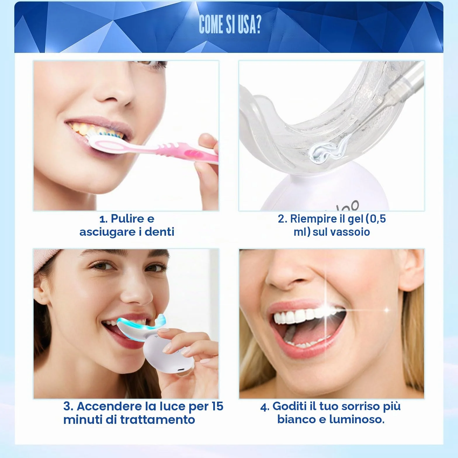 Kit Sbiancante Denti Wireless con Luce LED, 5 Gel Sbiancanti da 3ml per Sbiancamento Denti Immediato