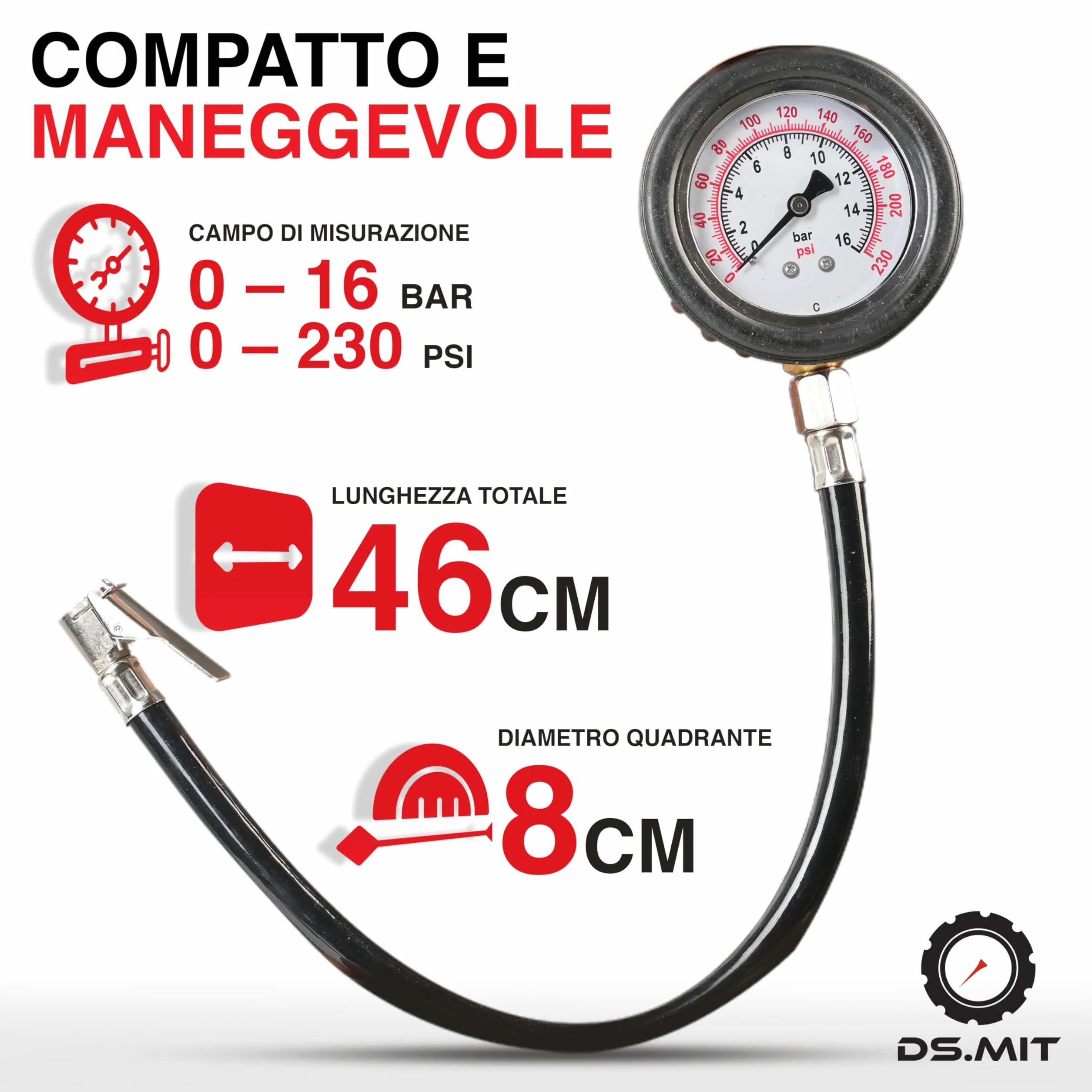 Manometro Pressione Gomme Professionale 46 cm, Misuratore Alta Precisione, Quadrante Analogico, Auto Moto