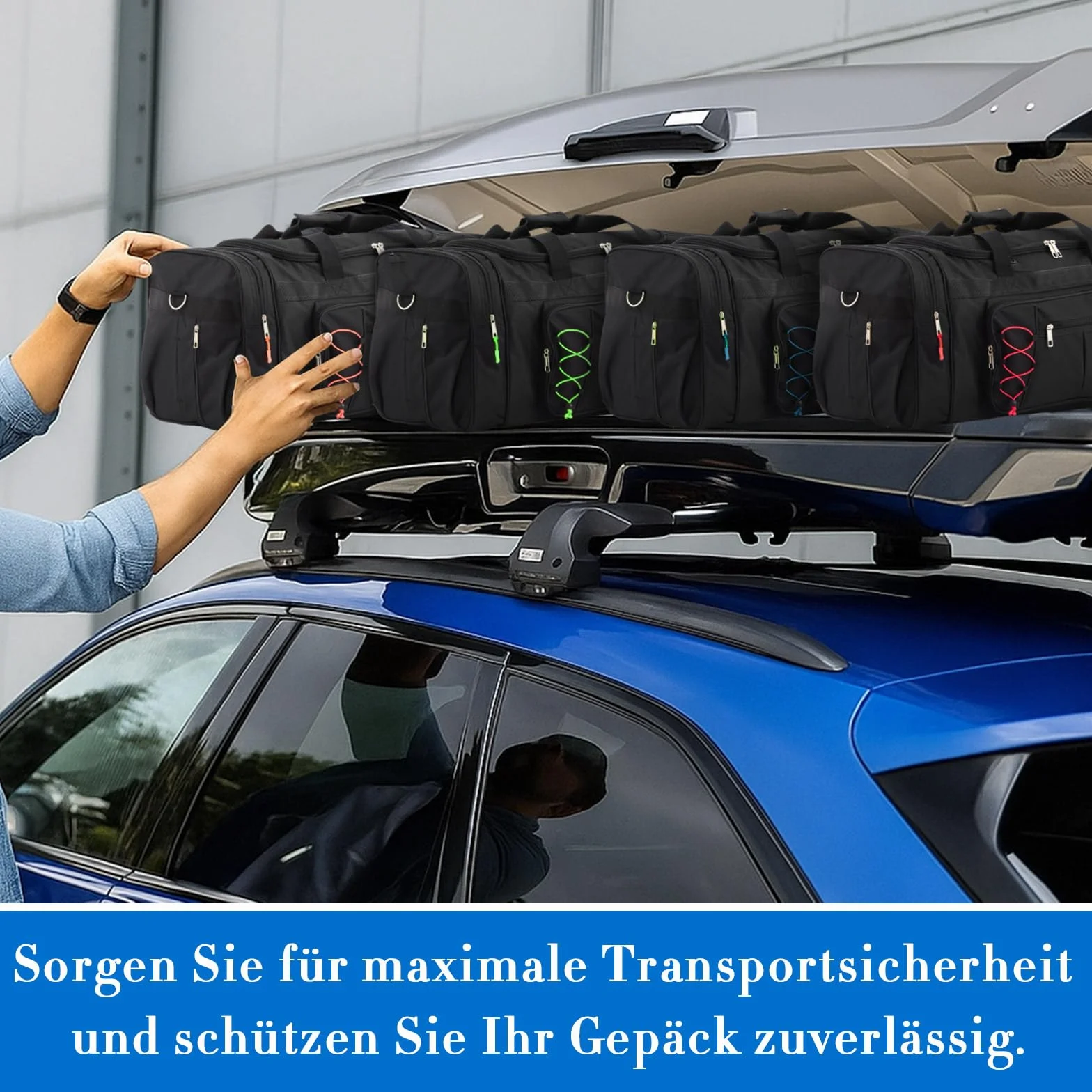 Weewooday Set di 4 Borse per Box da Tetto 65 cm 68L Duffel Portapacchi con 4 Cerniere Indicatori di Identificazione Borsa da Viaggio Nera con Scomparto per Scarpe per Box da Tetto Auto(Classico)