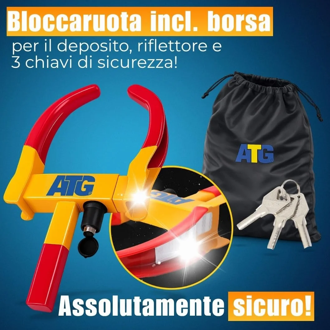 ATG Bloccaruota Auto e Rimorchio – Antifurto Meccanico Universale Ganascia Bloccaruota per Auto, Camper, Caravan, Moto – 18–28 cm