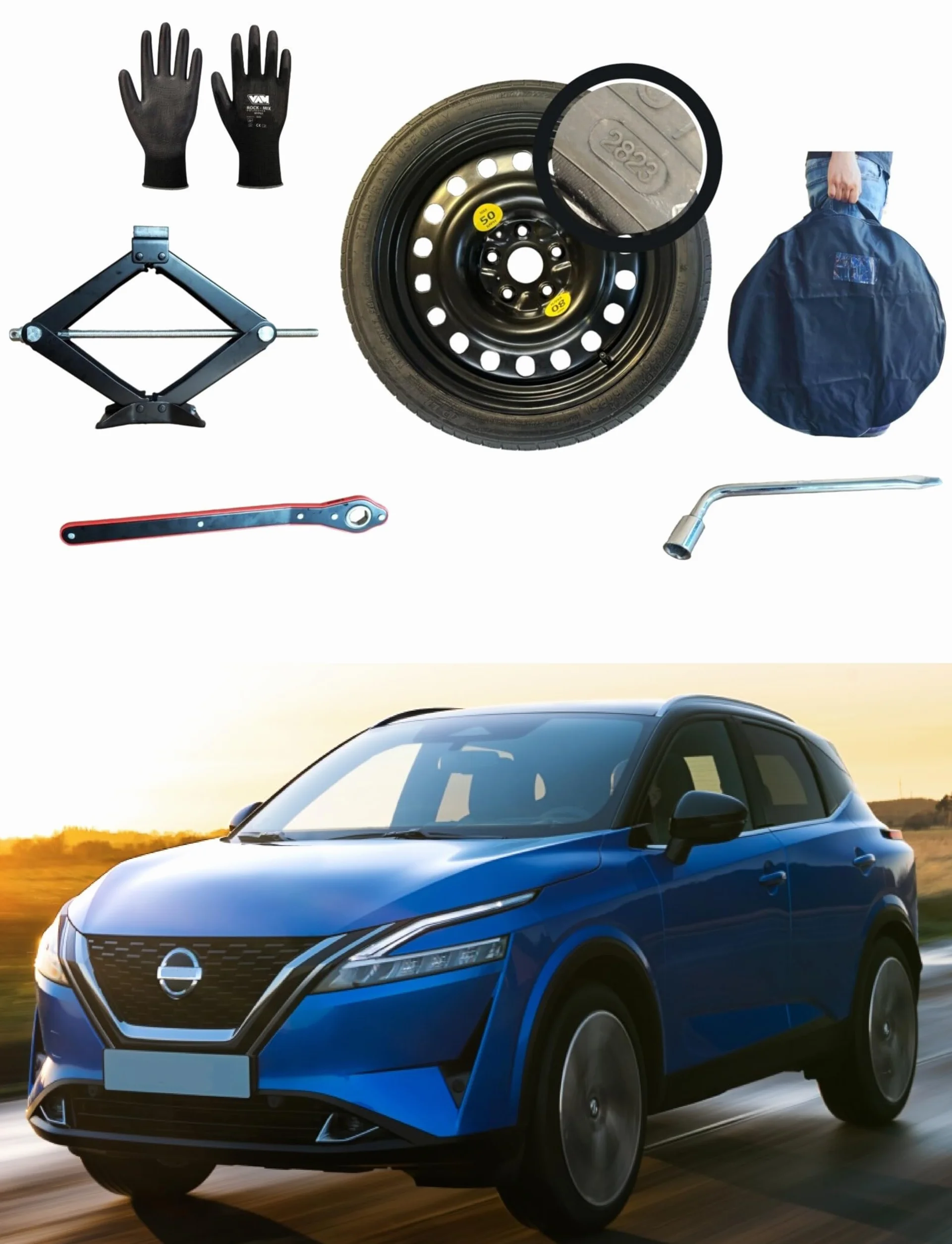 Kit Ruotino di Scorta 18" compatibile Nissan Qashqai 2014 con Cric