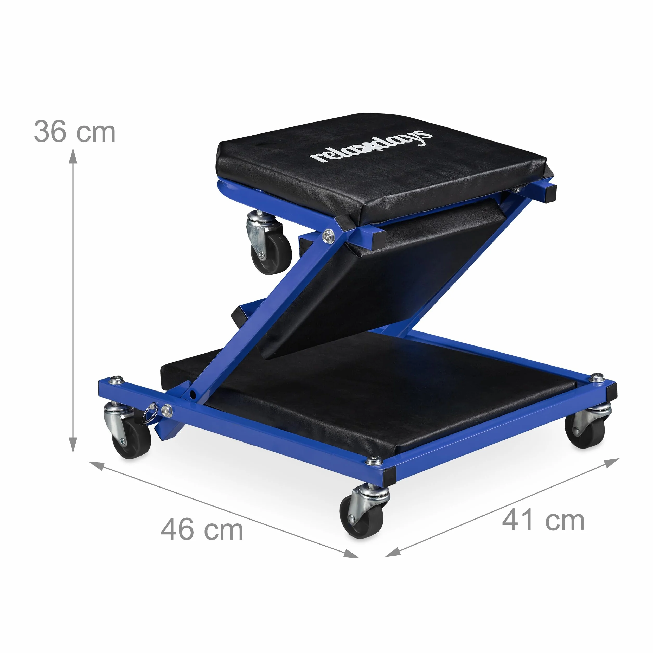 Relaxdays Sgabello Officina Pieghevole con Ruote 360° 150 kg Acciaio Nero Blu