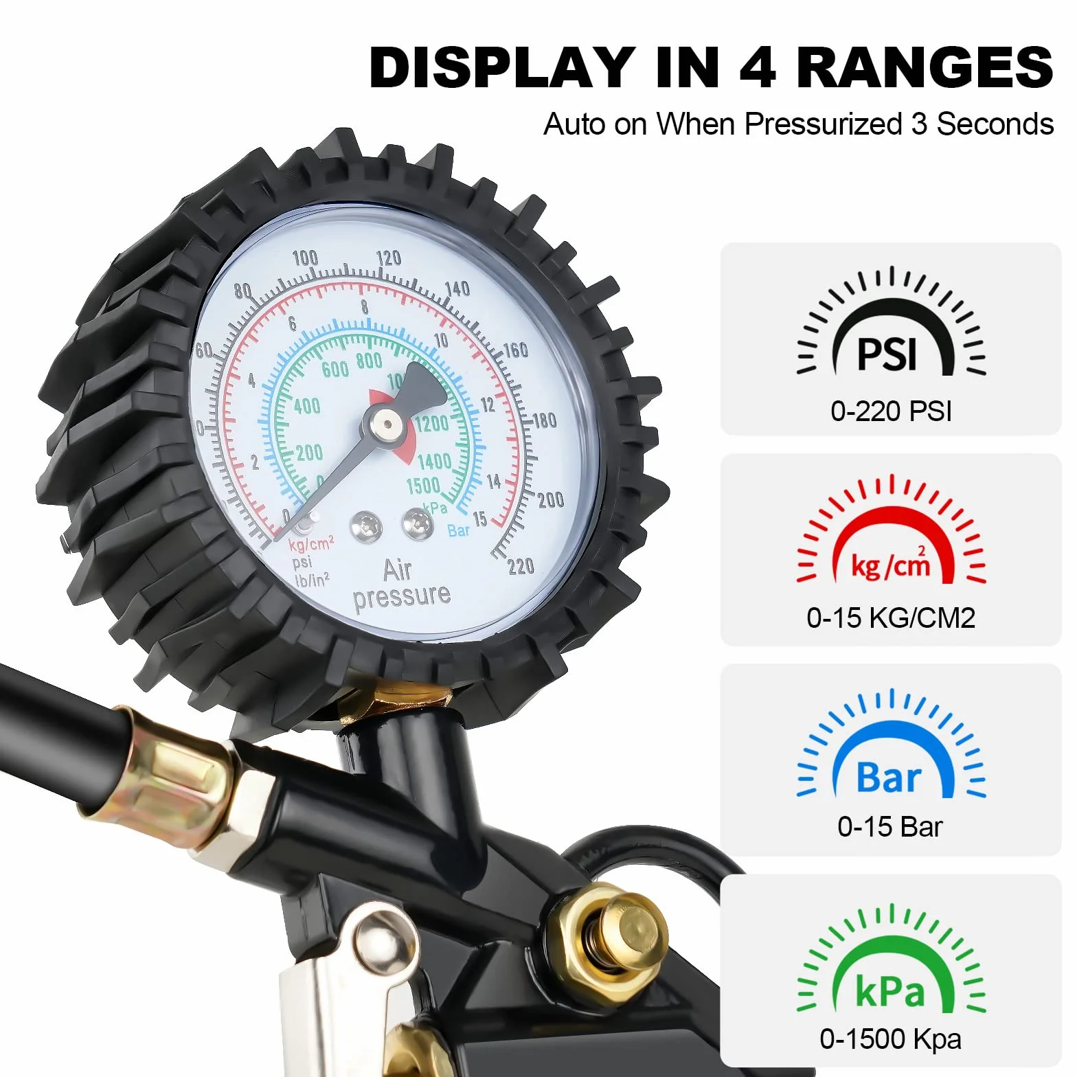 Manometro per Pneumatici 220PSI Pistola Digitale con Tappi Valvola, Ugelli e Prolunga 90°