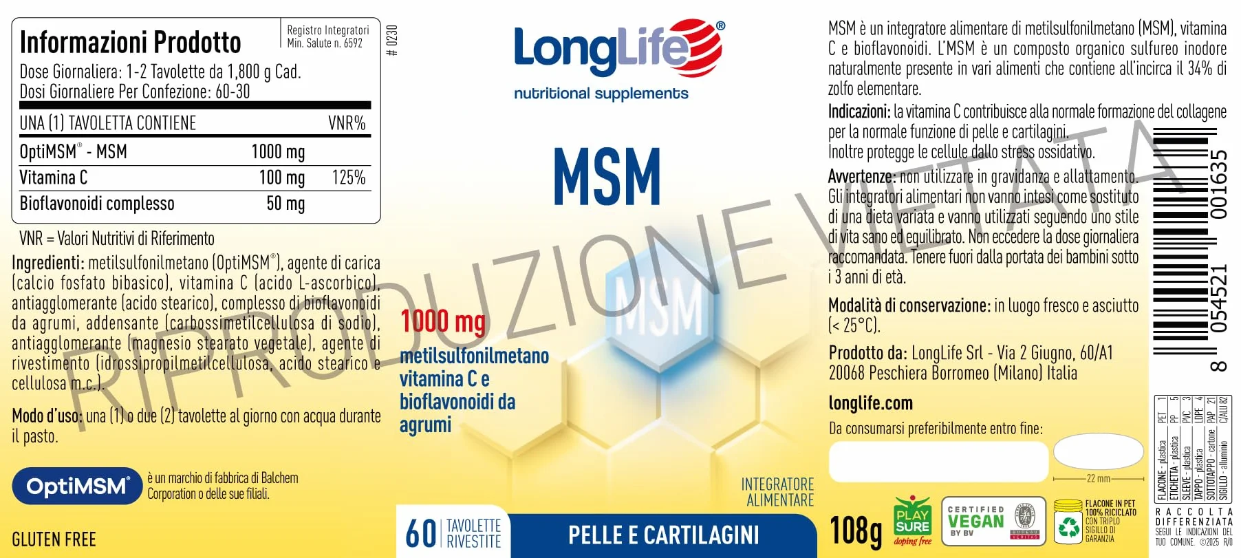 LongLife® MSM con vitamina C e bioflavonoidi 2000mg OptiMSM® dose giornaliera alto dosaggio vegano senza glutine