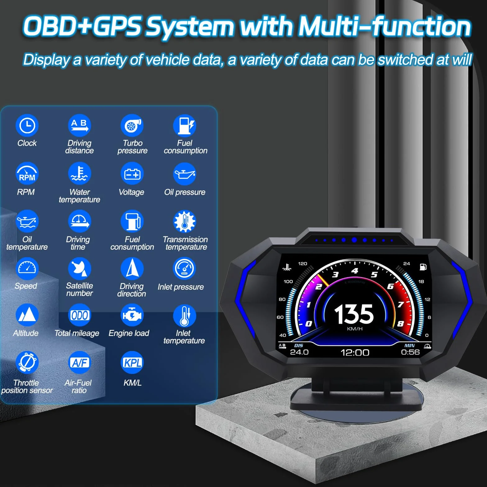KAOLALI Auto Head up Display OBD2+GPS HUD Tachimetro Digitale Universale con Supporto a Ventosa, Tachimetro Intelligente con Avviso di Velocità, Promemoria Fatica, KMH/MPH per Tutte le Auto