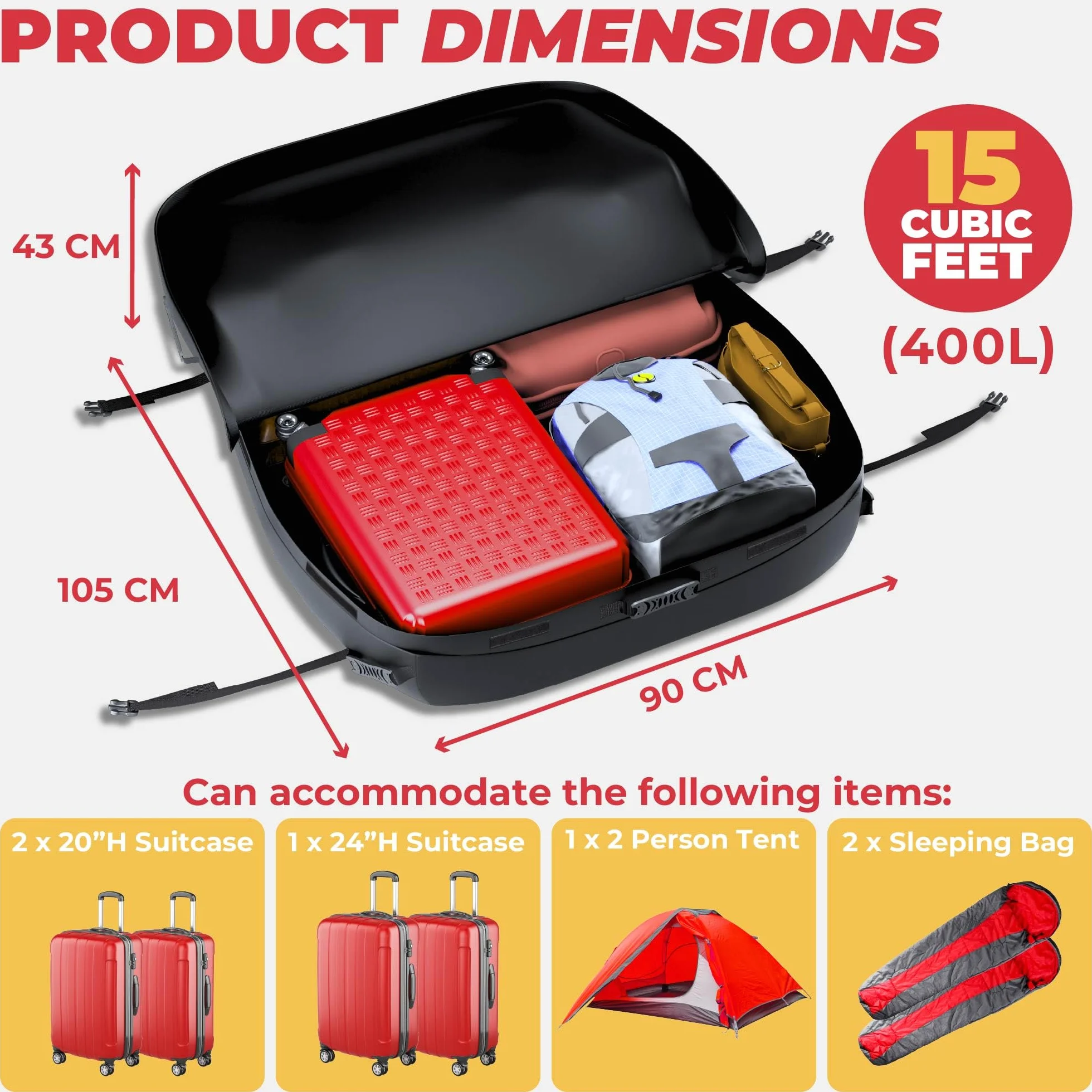 GADLANE Borsa da tetto per auto 400L impermeabile 4 cinghie robuste tappetino antiscivolo Nero