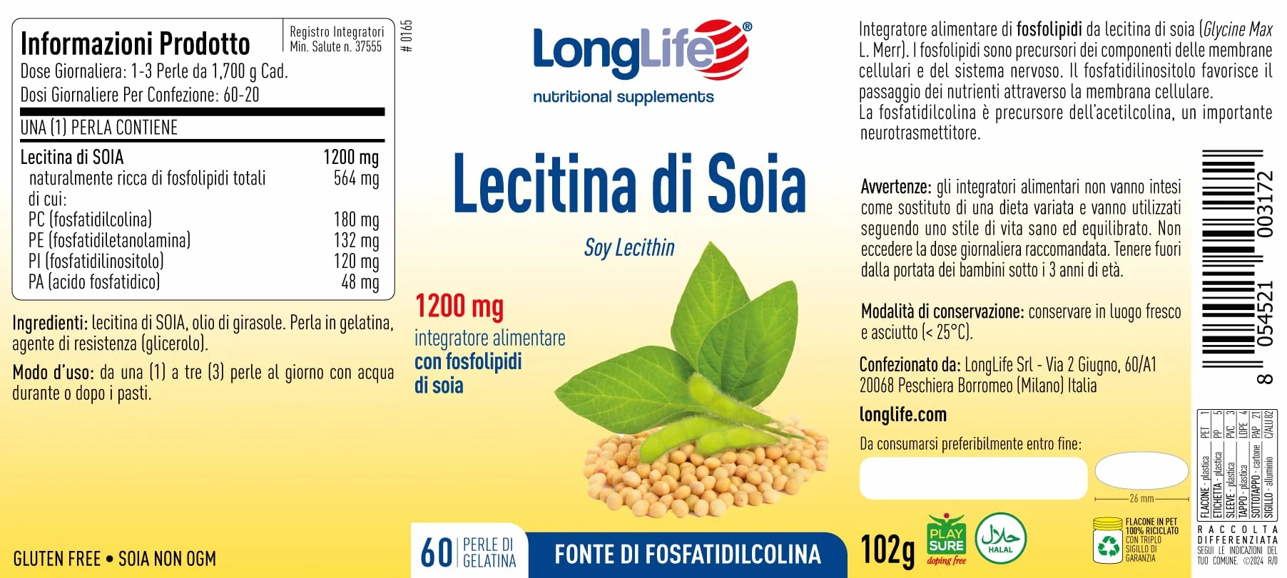 LongLife Lecitina Di Soia Fosfolipidi NON OGM Fonte vegetale fosfatidilcolina Metabolismo lipidi 2 mesi Senza glutine