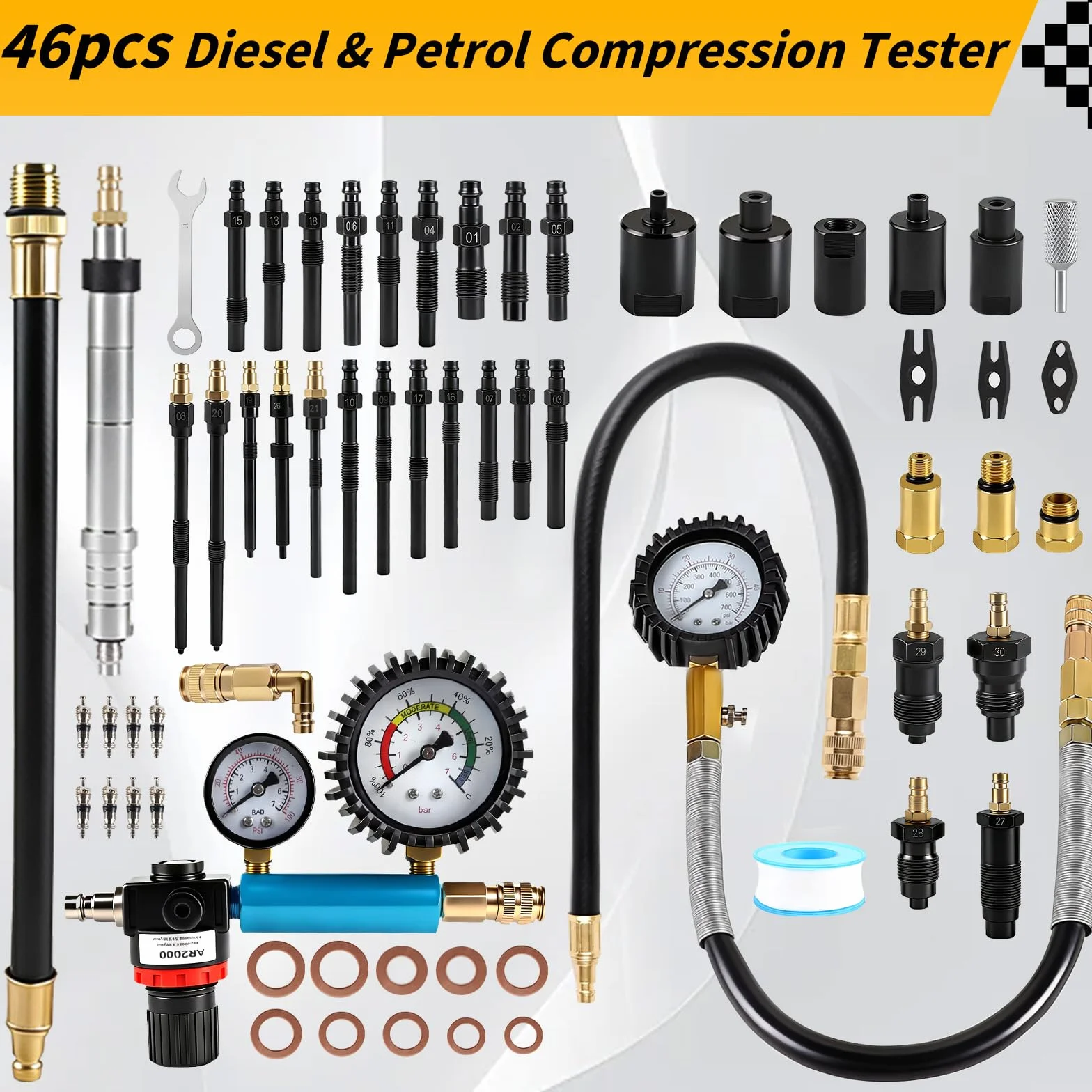 CPROSP 46 pezzi Tester di Compressione e Perdita di Pressione (0-50 Bar / 0-7 Bar), Prova Compressione Motore Benzina e Diesel, Compatibile HDI, TDCi, per Auto, Camion, Bus, Moto