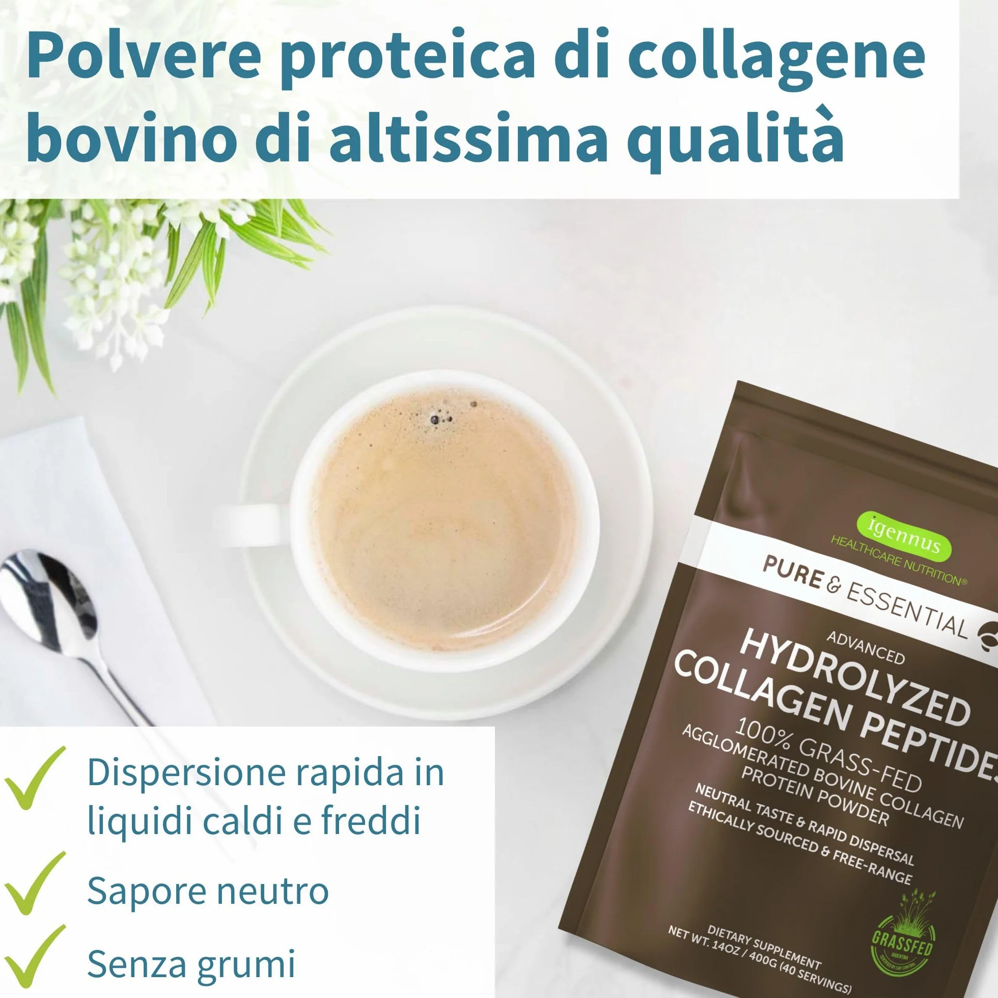 Igennus Collagene Idrolizzato Bovini Allevati ad Erba 400gr Polvere Non Aromatizzato Non-OGM 40 porzioni