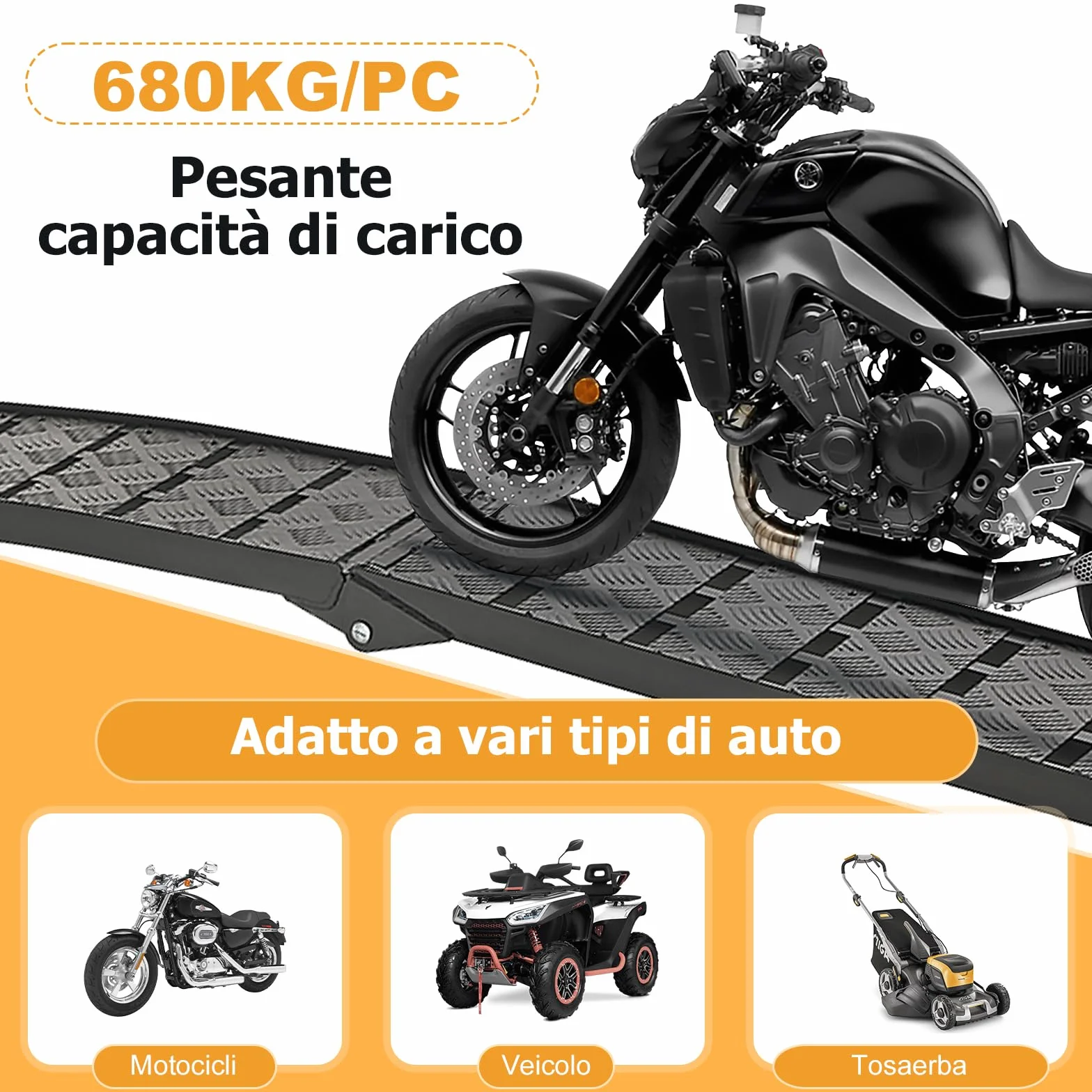 gardhom Rampa Moto Robusta Pieghevole 340Kg Alluminio Rampe per Auto Portatile 228X28X4.5cm Rampe Di Carico per Adatta A Tosaerba, Biciclette e Quad