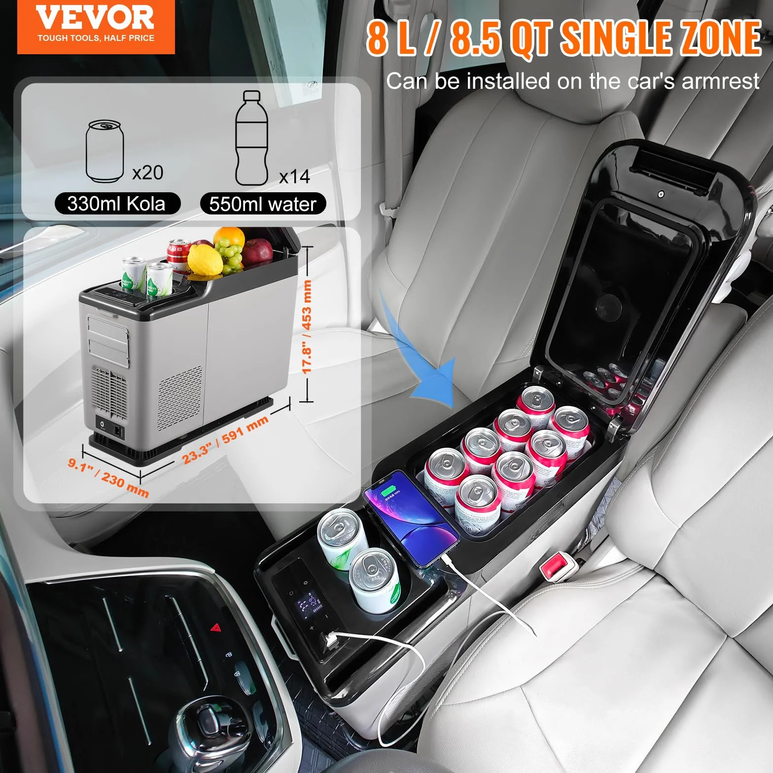 VEVOR Frigorifero per Auto, Frigorifero Bracciolo 12 V, Congelatore Zona Singola 15 L, Gamma Regolabile -20~20 ℃, Raffreddamento a Compressore 12/24 V CC e 100-240 V CA per Esterno, Campeggio