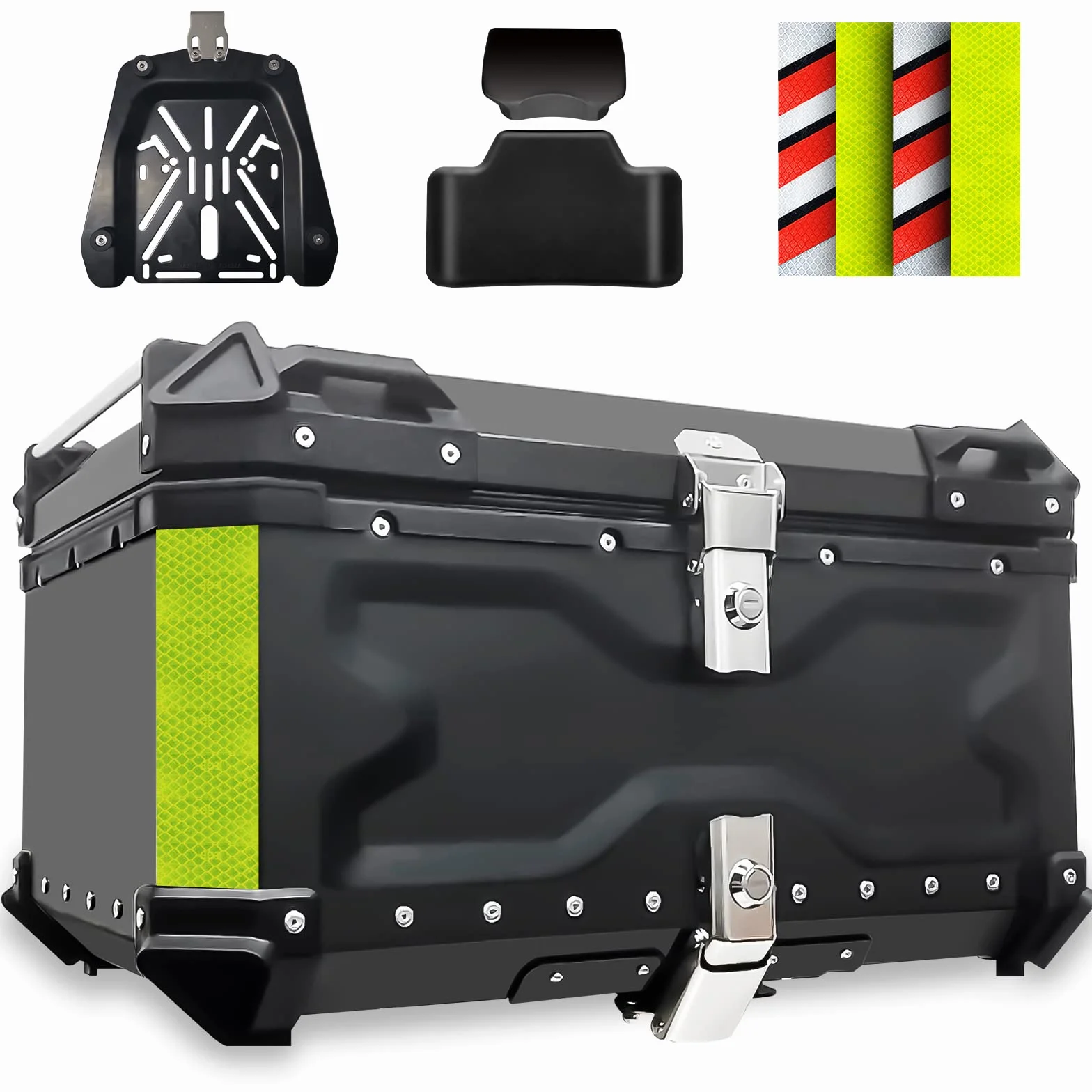VOKKA Bauletto Moto, 65L Lega di Alluminio Bauletto, Impermeabile, Antipolvere e Antifurto, Bauletti Scooter per Conservazione Casco, Baule Moto con Schienale e Piastra di Base (Nero)
