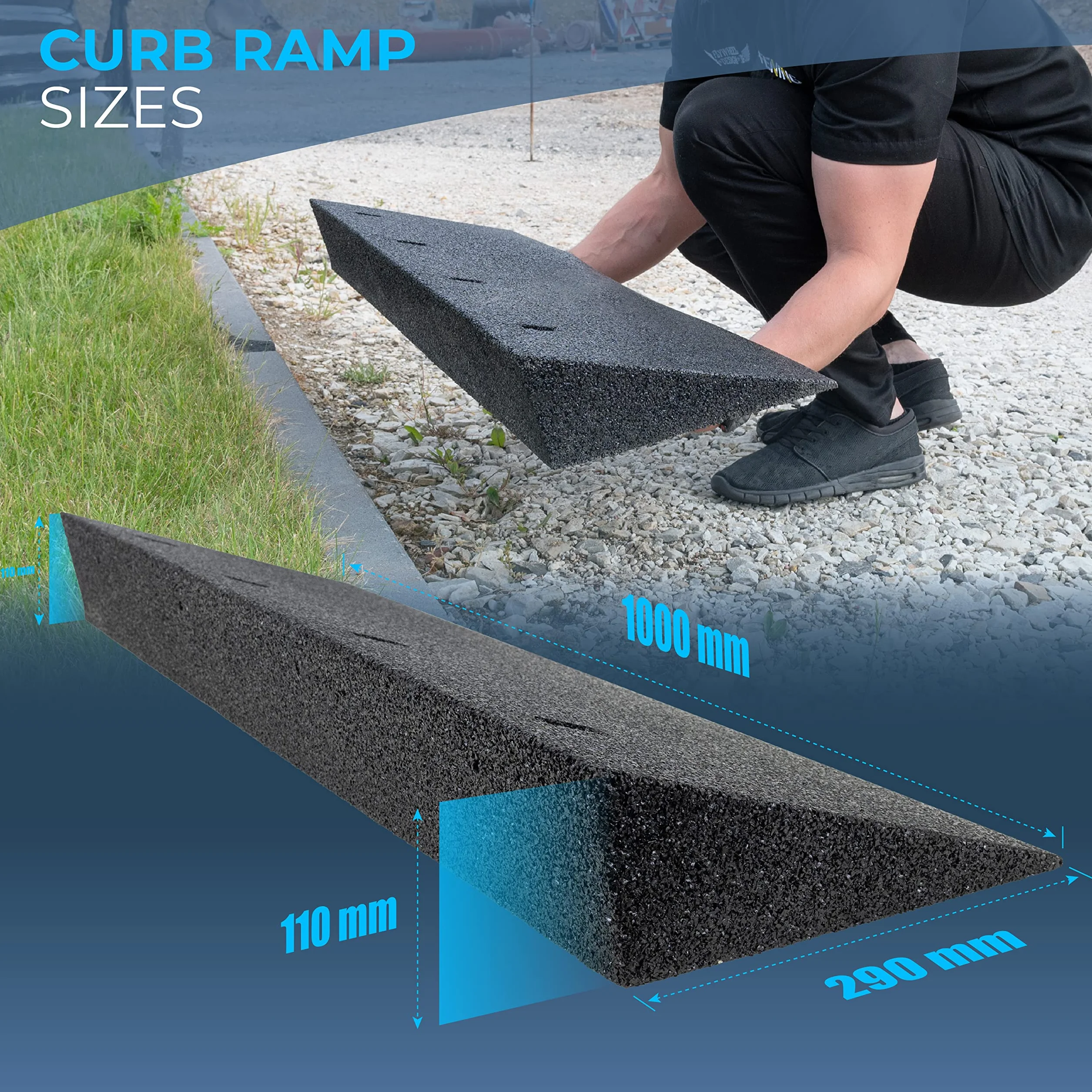HASKYY Rampe Bordo in Gomma Riciclata Set di 2 Nera 1000x290x110 mm (LxHxP) – Accesso, Soglia, Sedia a Rotelle, Auto, Camper, Carrello