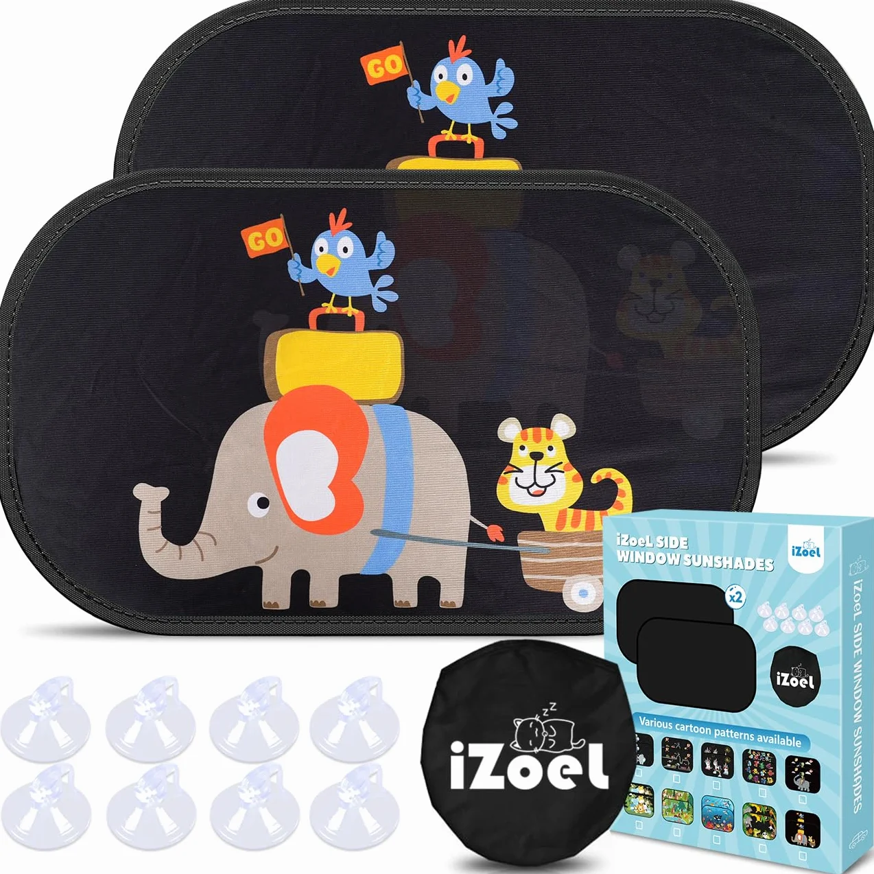 iZoeL Parasole Auto per Bambini 2 Pezzi Adatto per Finestrini Posteriori, Motivo Gara di Elefanti, Autoadesivo, 8 Ventose, Custodia, 51 x 31 cm, Universale Protezione Solare E UV