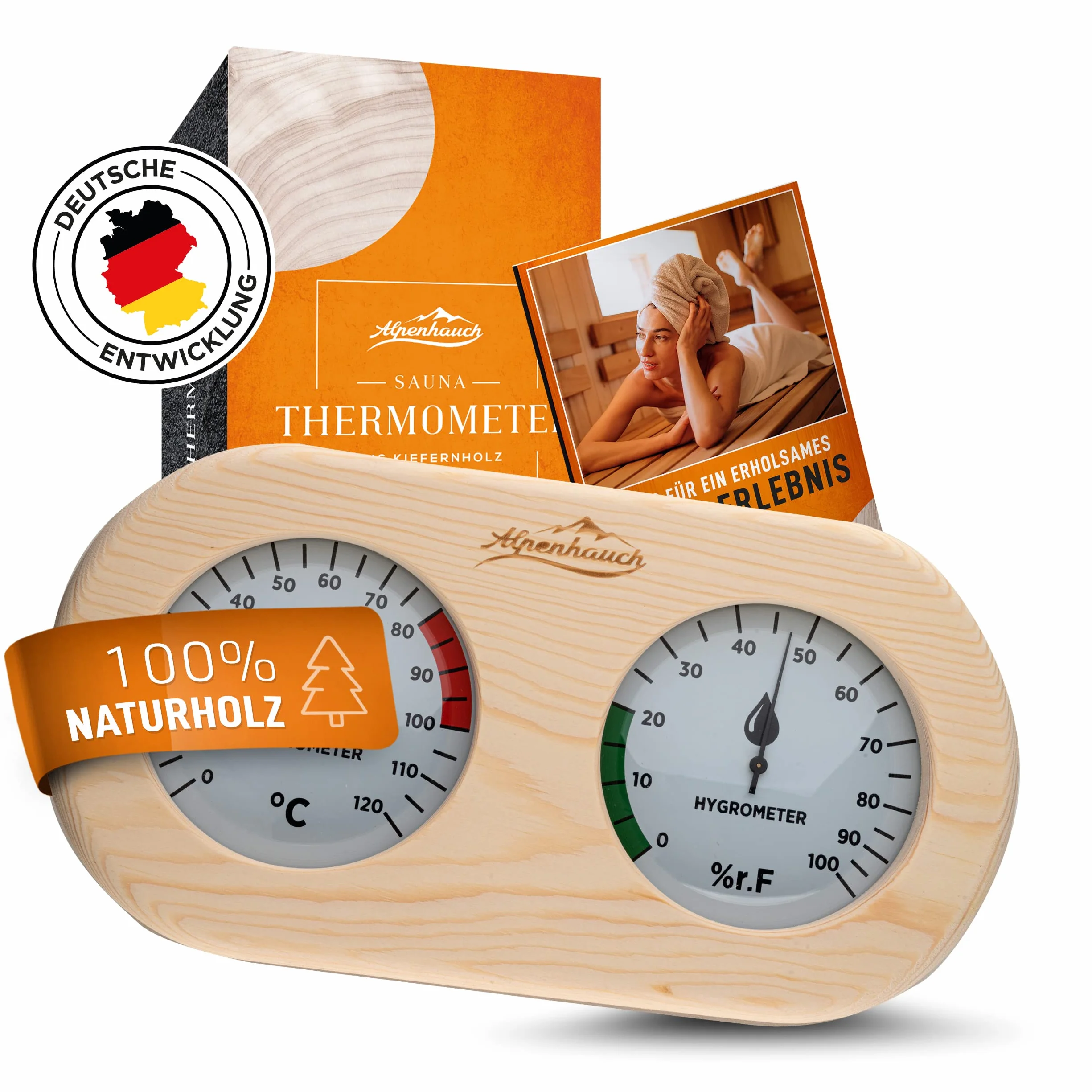 ALPENHAUCH Termometro da sauna igrometro in legno 2 in 1 con vetro temperato calibrazione automatica