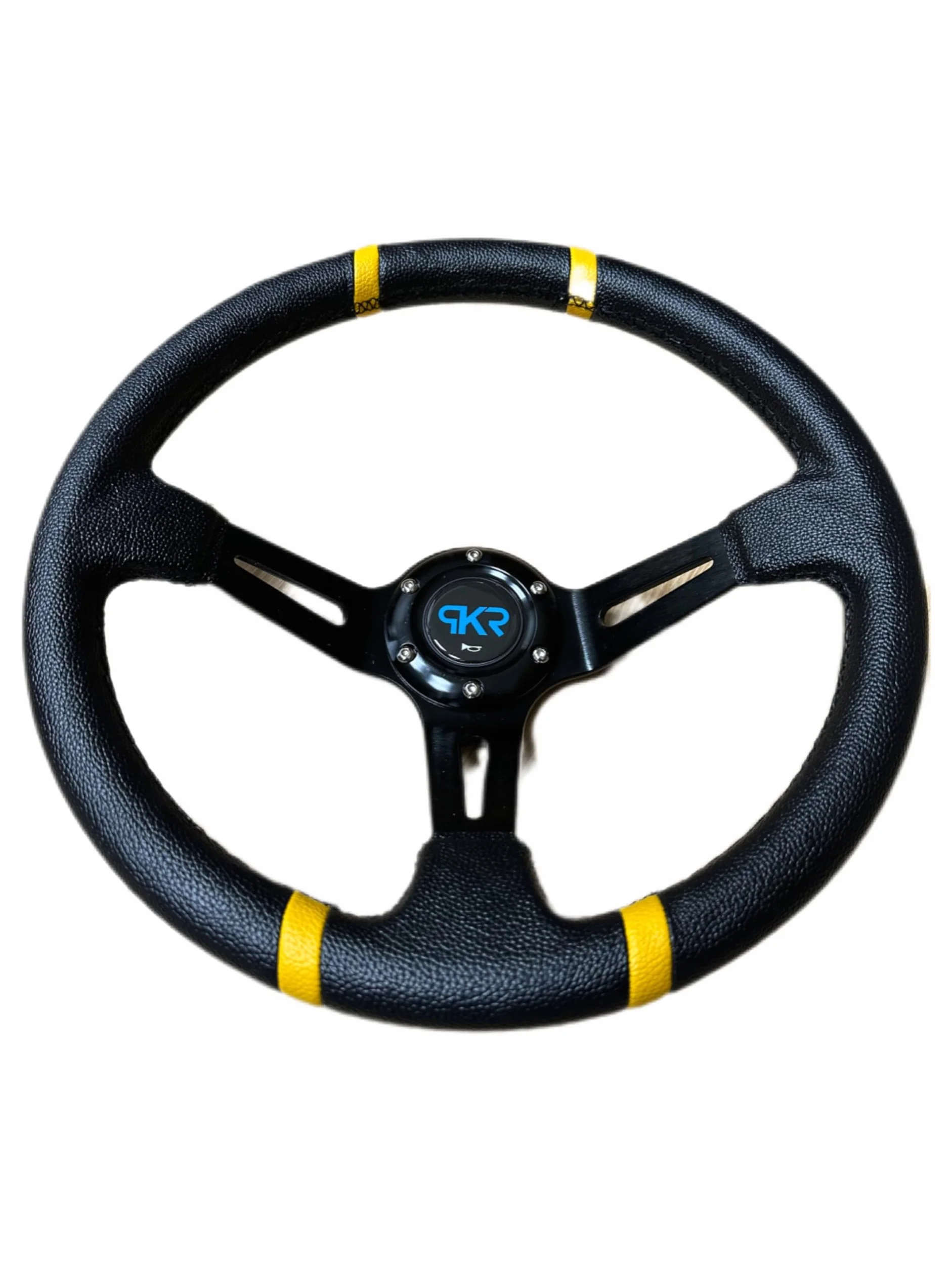 PKR VOLANTE SPORTIVO A CALICE NERO CON STRISCE GIALLE SPORTIVO UNIVERSALE AUTO RALLY SPORT GARE RADUNI TUNING