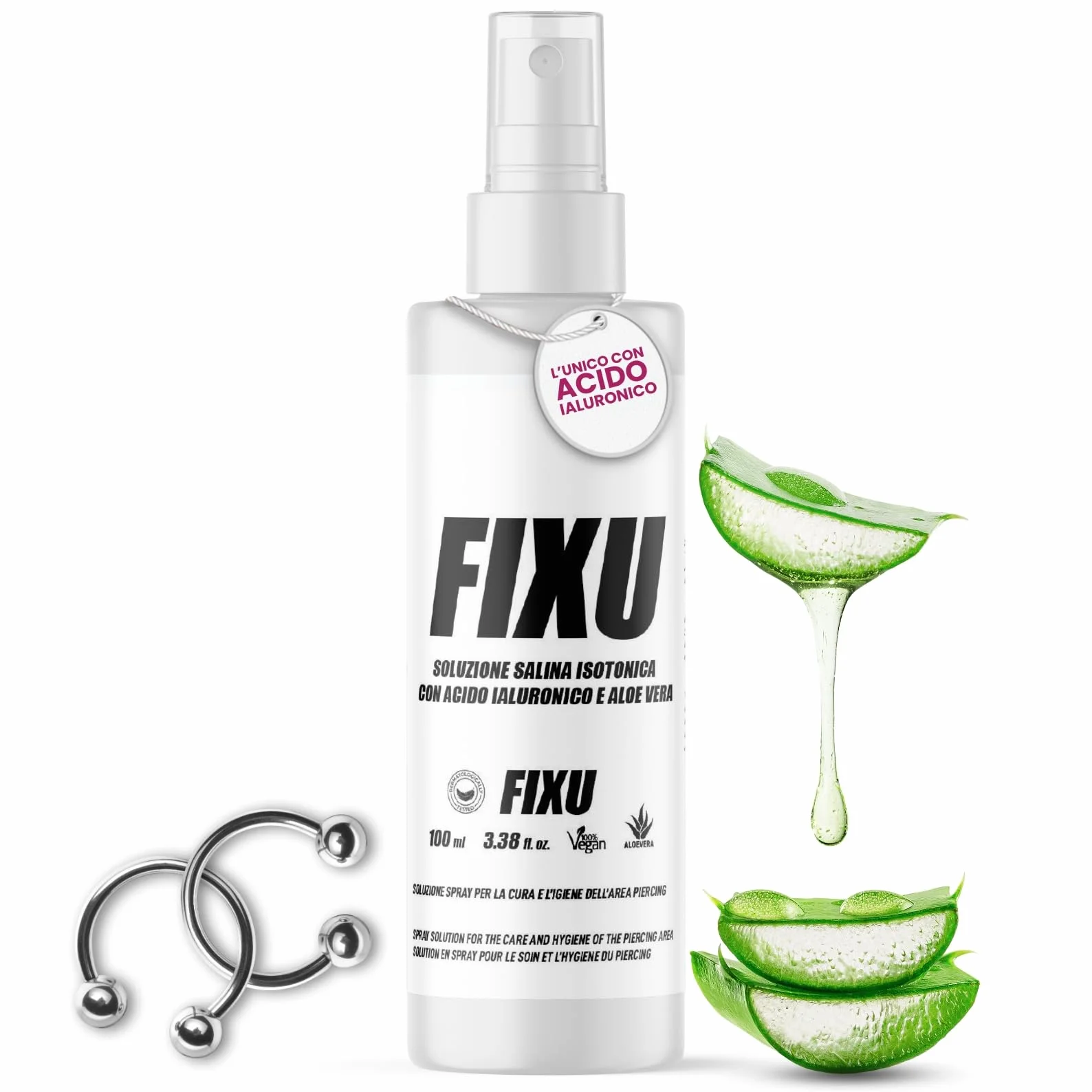 Soluzione Salina Piercing Spray FIXU 100ml con Acido Ialuronico e Aloe Vera, Disinfettante Piercing Made in Italy