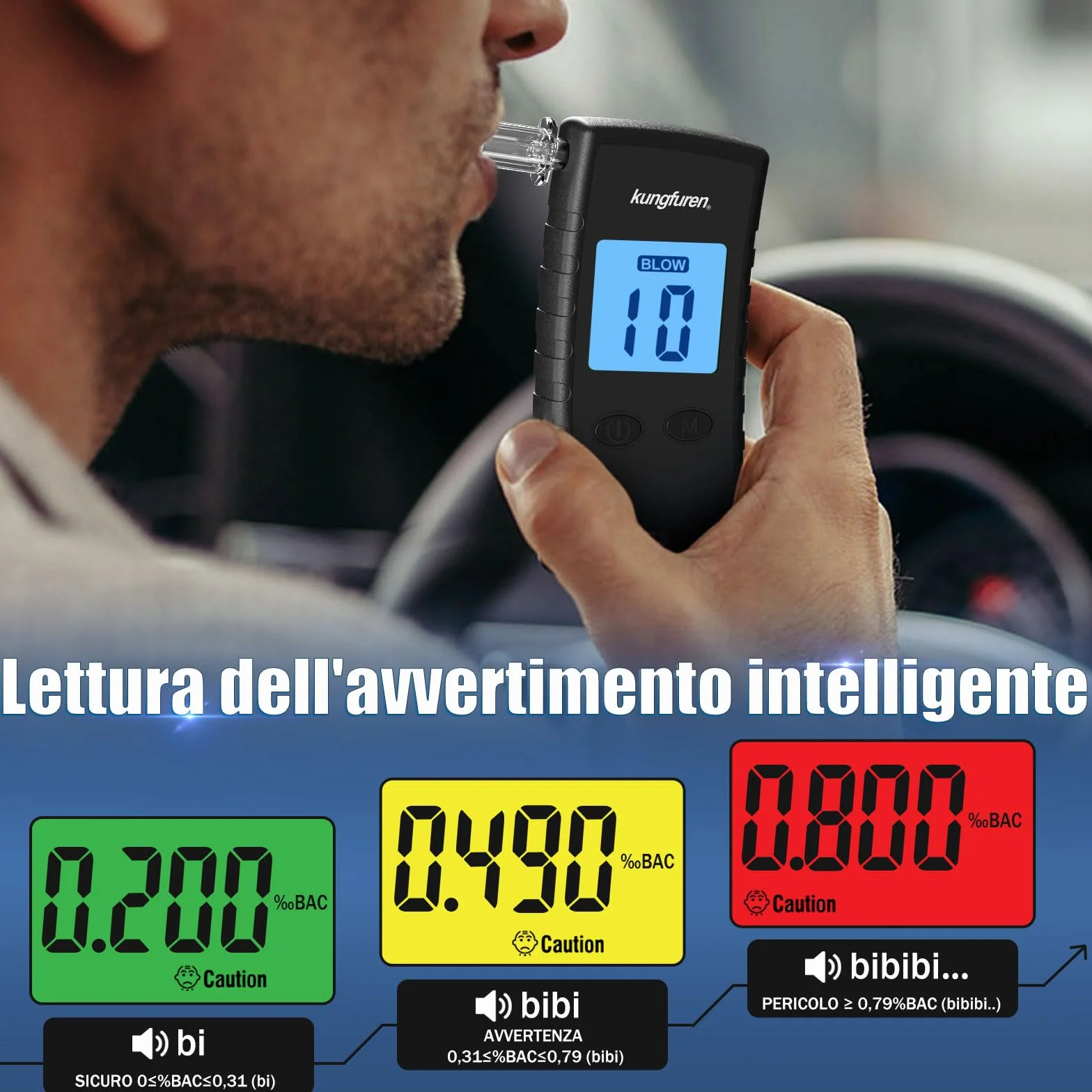 Alcol Test Etilometro Portatile Certificato Digitale Professionale con Display LCD Blu - Tester di Alcool Precisione Grado 11 Bocchini