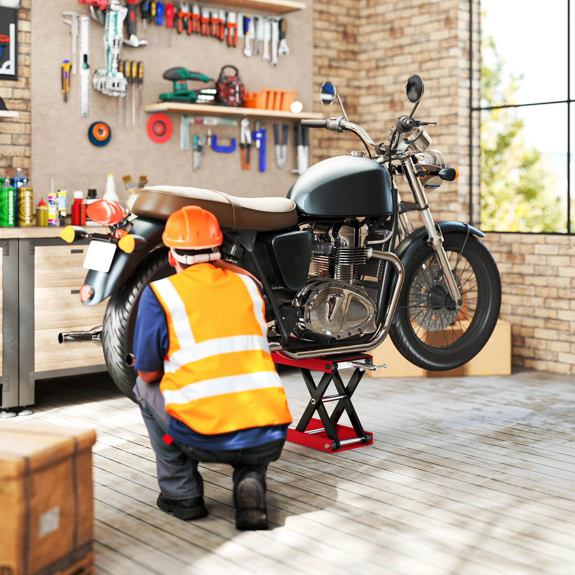 DURHAND Cavalletto per Moto e Bici Antiscivolo max 500 kg Regolabile, Metallo e Gomma, Rosso e Nero