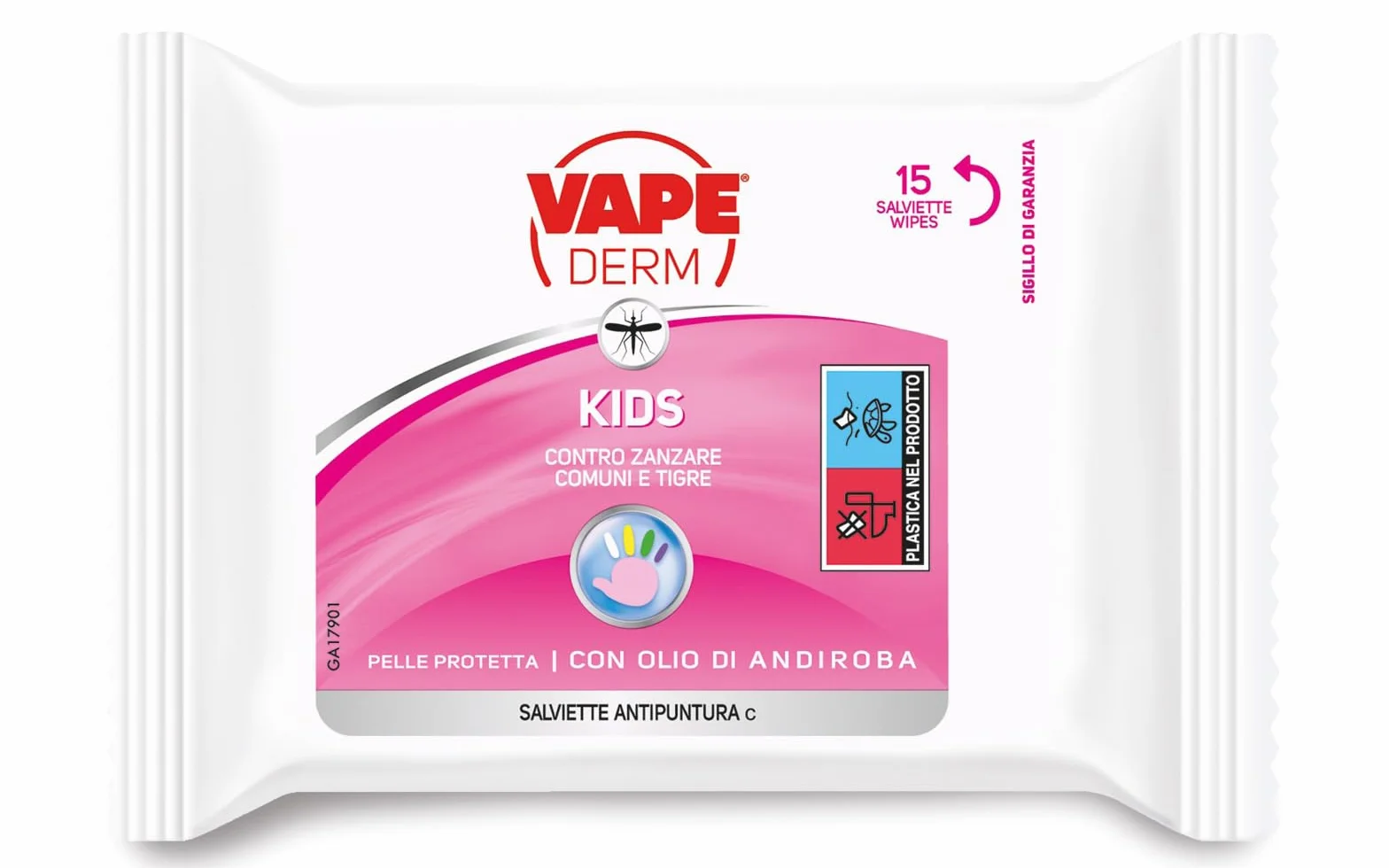 VAPE DERM KIDS Salviette Antipuntira C 15 Salviette Olio di Andiroba Pelle Protetta Zanzare Comuni e Tigre