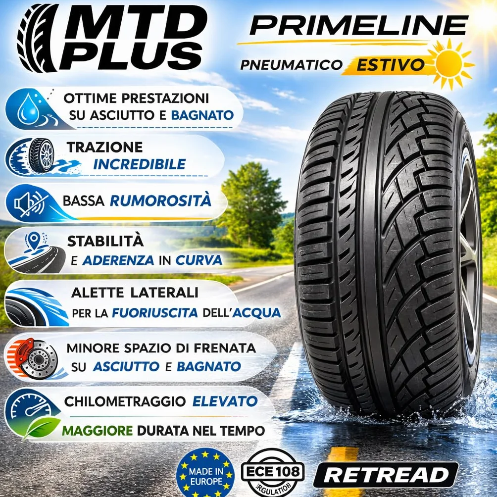 MTD PLUS Primeline 205 55 R16 91V – Pneumatico Estivo EcoGreen Low Cost per Auto, Aderenza Asciutto Bagnato, Bassa Rumorosità, Alto Chilometraggio - Made in Italy