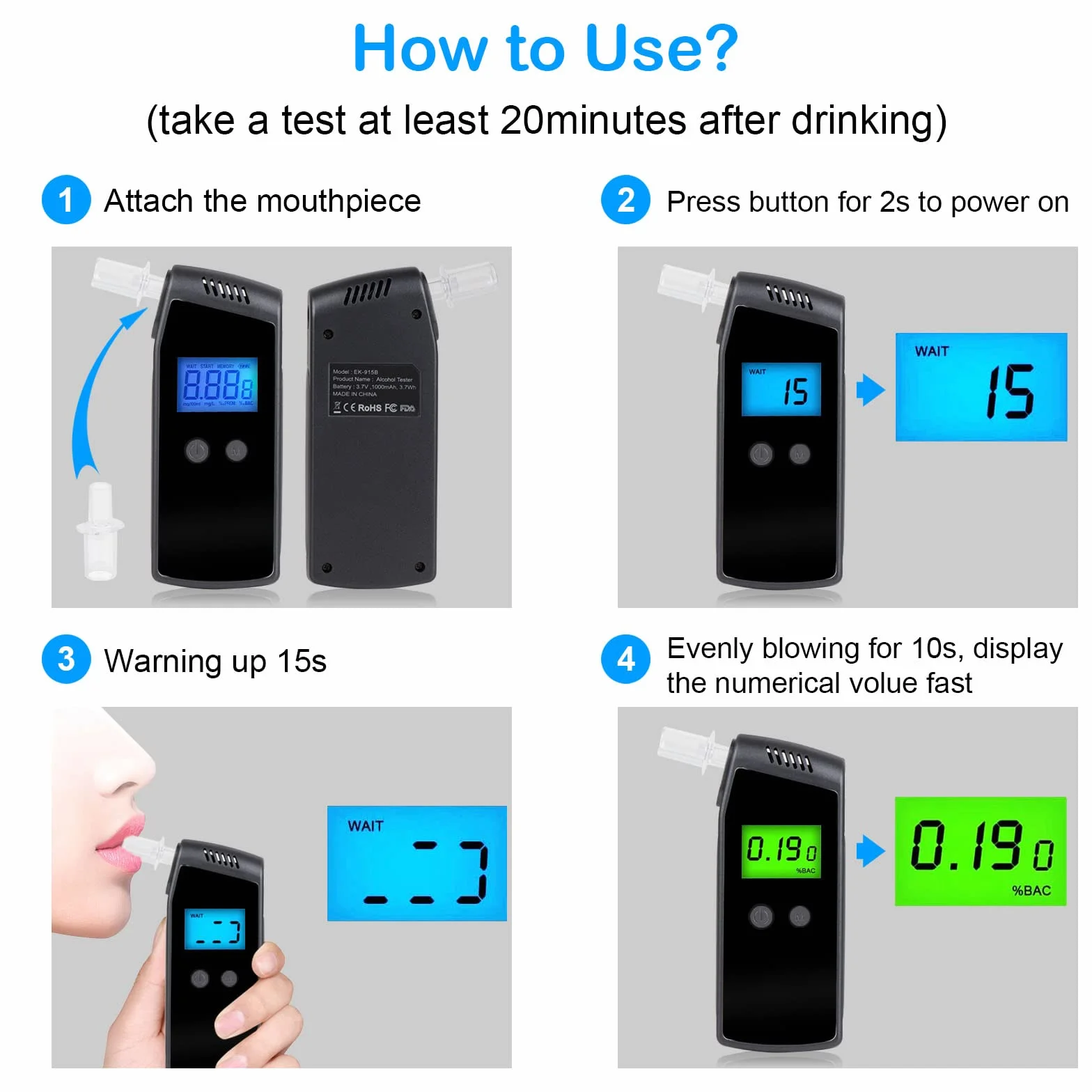Etilometro, Portatile Alcool Test, Professionale Digitale Alcool Analizzatore con Schermo LCD Display e Sensore Semiconduttore, 20 Boccagli