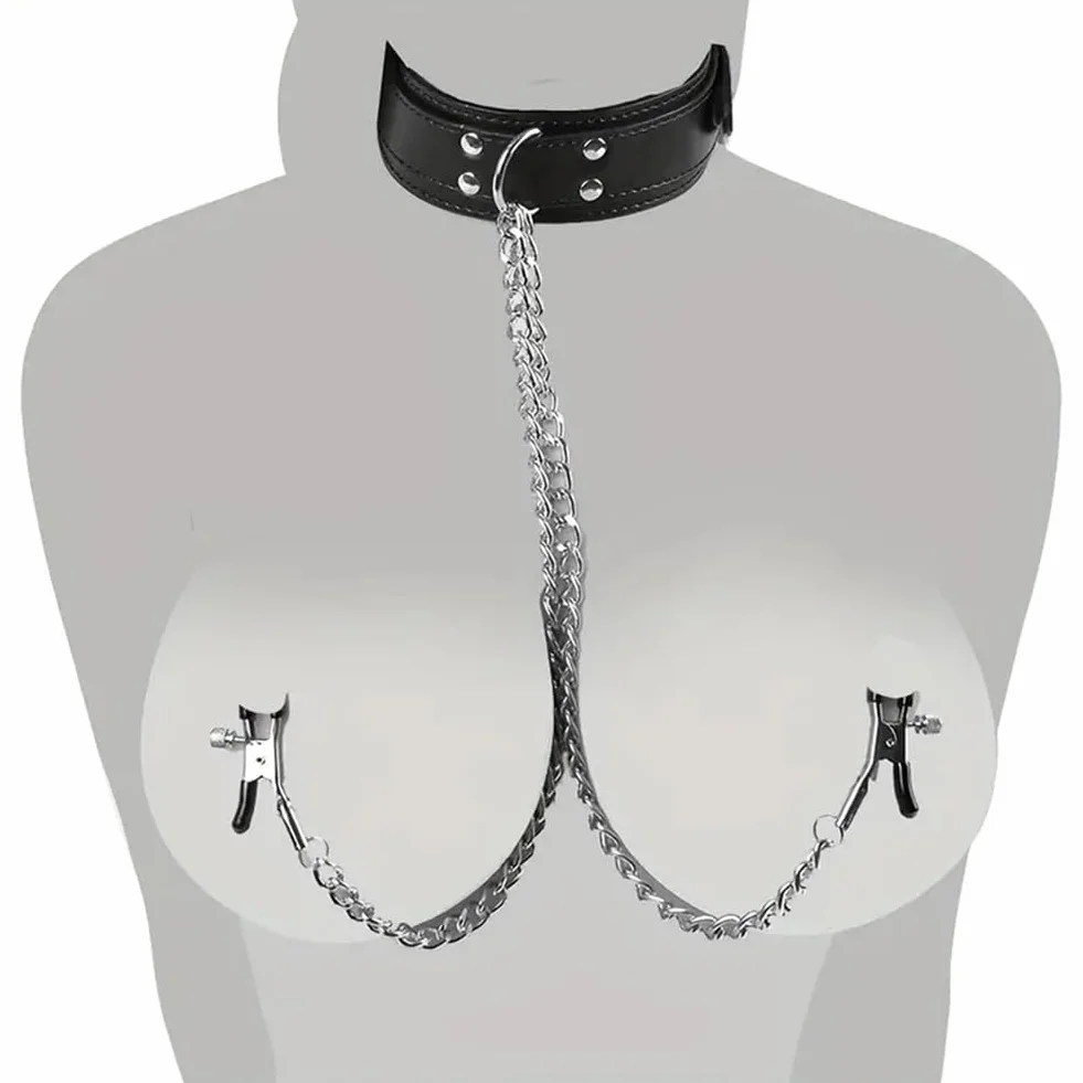 Collare a catena e clip in pelle PU per adulti