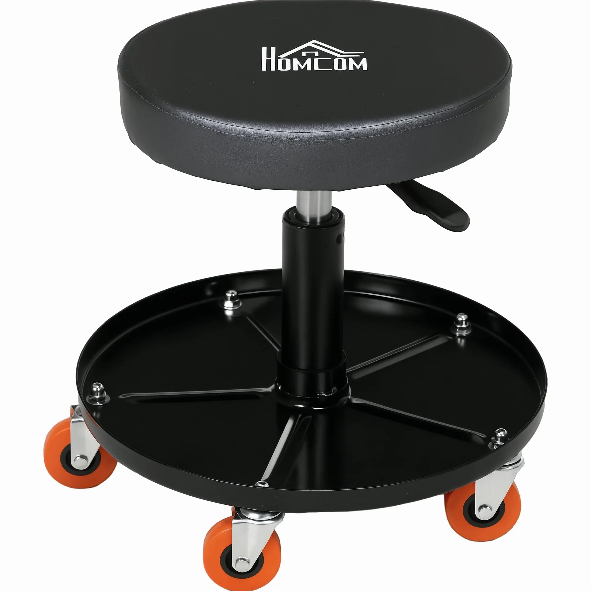 HOMCOM Sgabello da Officina con Ruote e Porta Attrezzi, Altezza Regolabile Girevole 360°, Ø40x38-48cm, Nero
