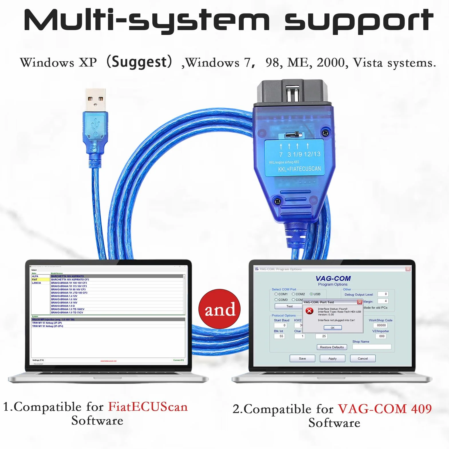 KKL 409 Cavo OBD2 Fiat ECU Scan FT232RL V AG-COM 409 FIATECUSCAN Scanner 2 in 1 interruttore a 4 vie compatibile Fiat Audi Alfa Lancia