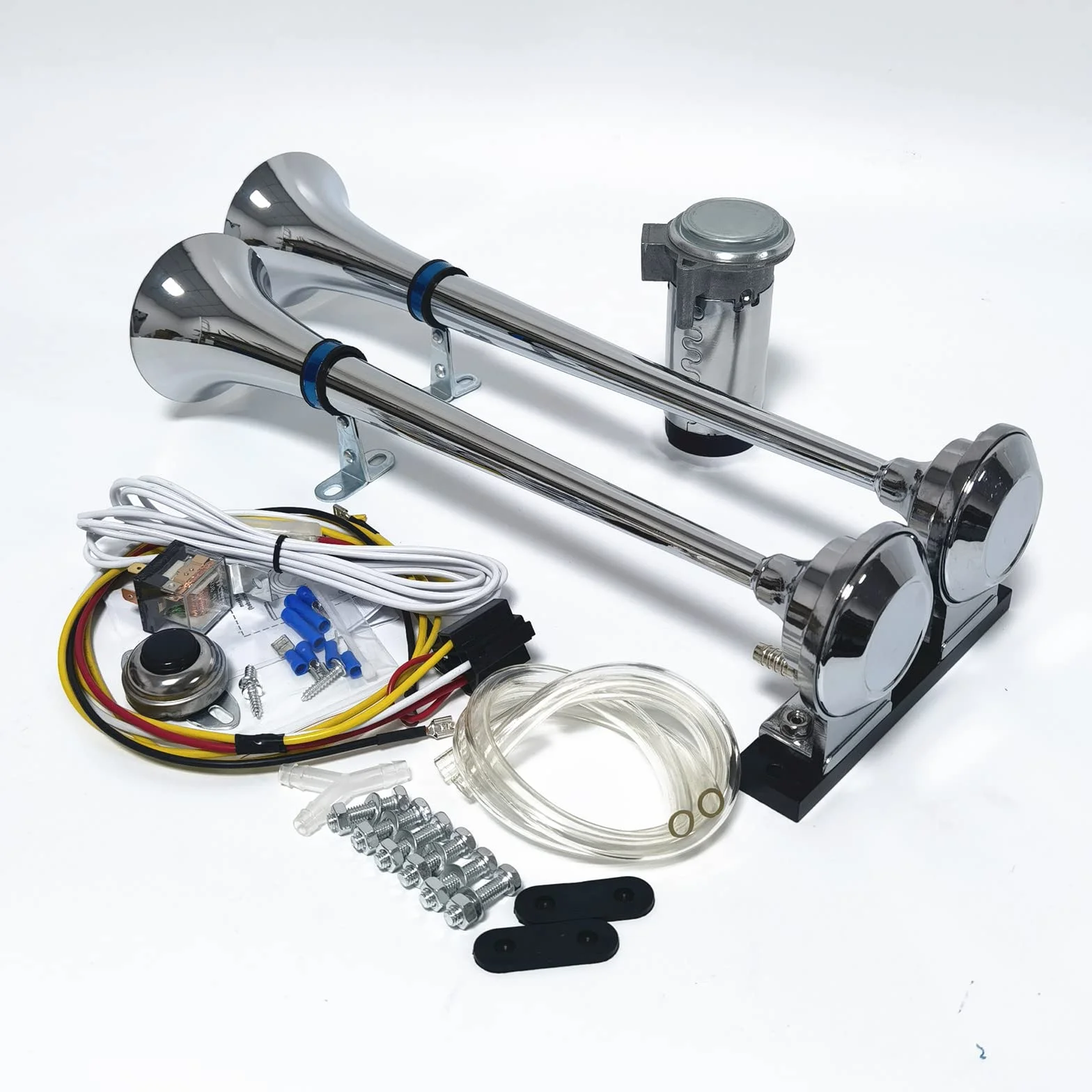 Tromba d'aria 12V Altoparlante argento 165db Staffa a fascia per avvisatore acustico per camion Tromba a doppio tubo in zinco cromato con clacson della pompa dell'aria Horn per 12V auto SUV ecc