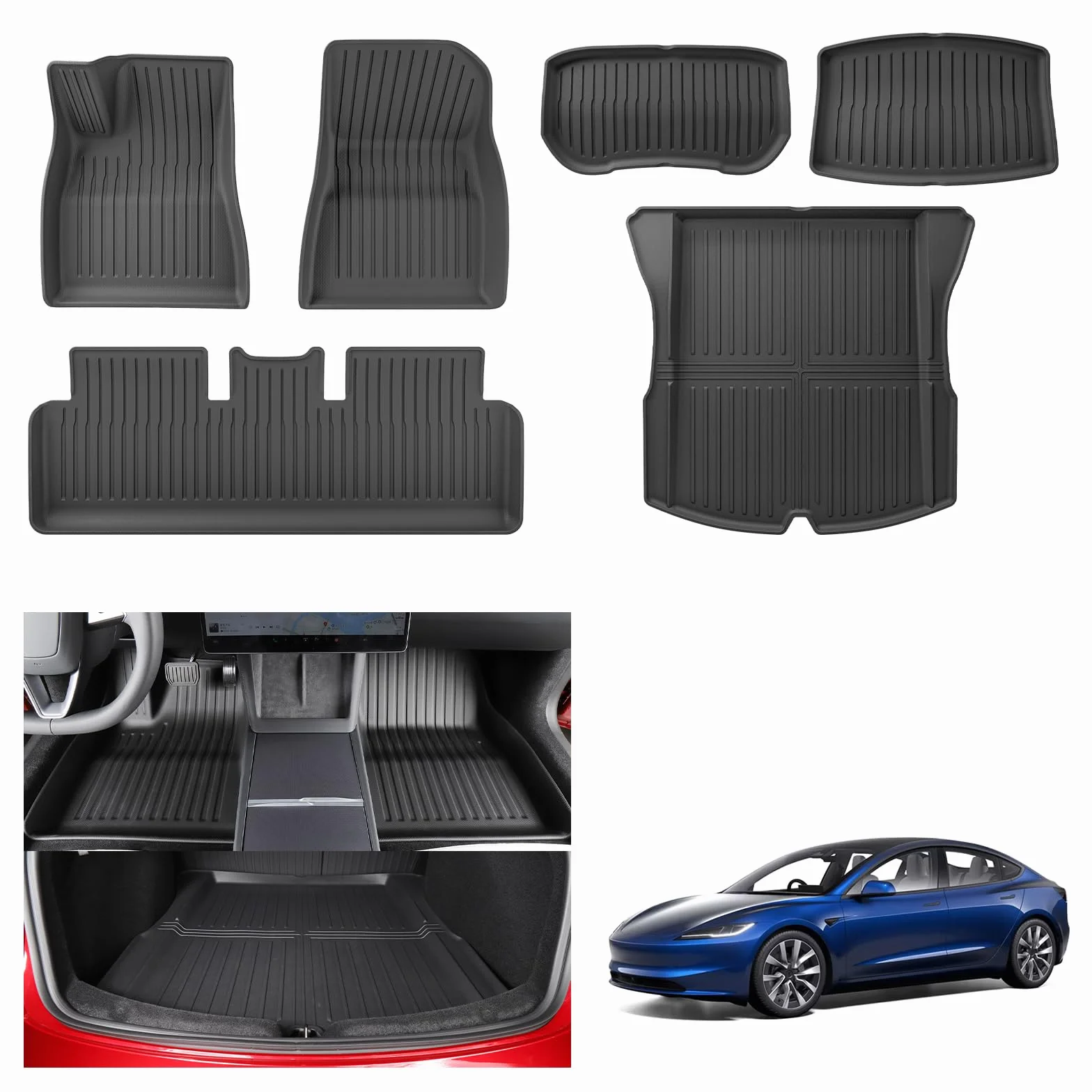 [6 Pezzi] GAFAT Tesla Model 3 2026-2024 (Standard & Premium) Tappetini Abitacolo + Bagagliaio, TPE Tutte Stagioni, per Bagagliaio e Pavimento, Bordo Alto, Scan Originale 3D, Accessori Model 3 Highland