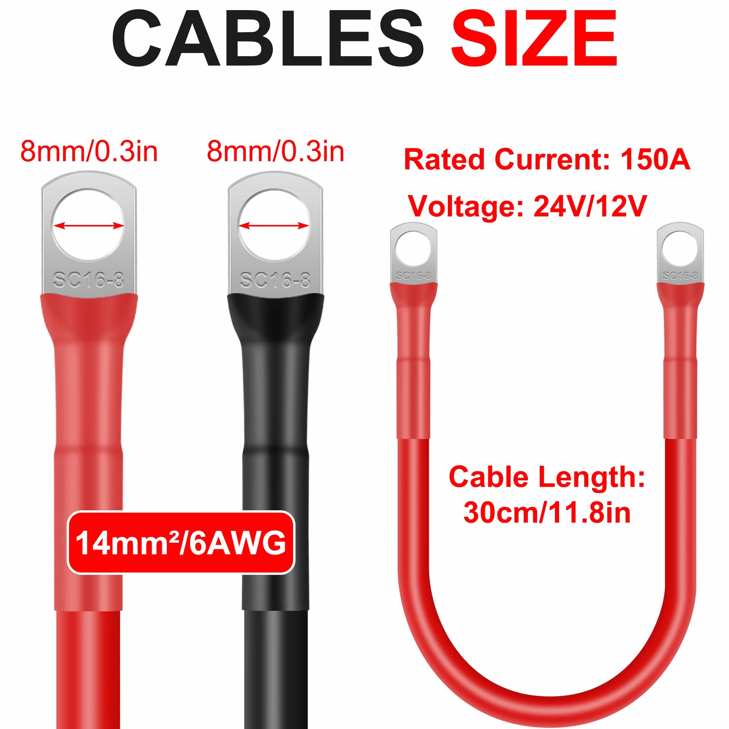 Cavi Batteria Auto 14mm² 30cm Cavi Inverter Batteria 12V 6AWG Cavo Batteria con Capicorda ad Occhielli M8 per Camion Moto Marina Solare Rosso e Nero 2 Pezzi