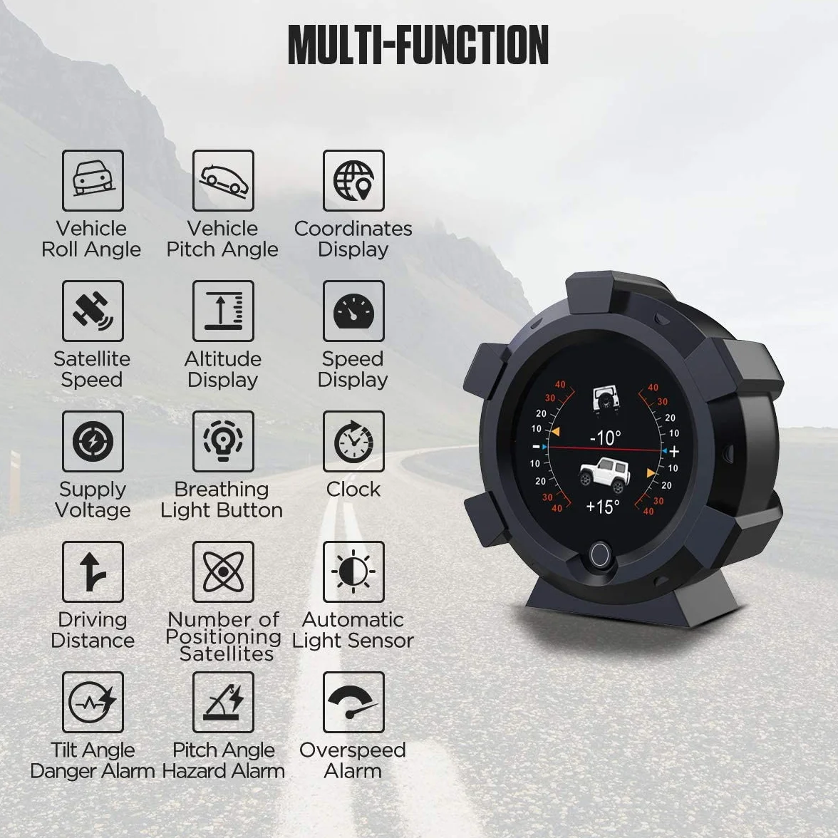 OURANTOOLS GPS Inclinometro per Auto Camper, LCD Digitale Misuratore di Pendenza Tachimetro per DC5-28V Fuoristrada Jeep