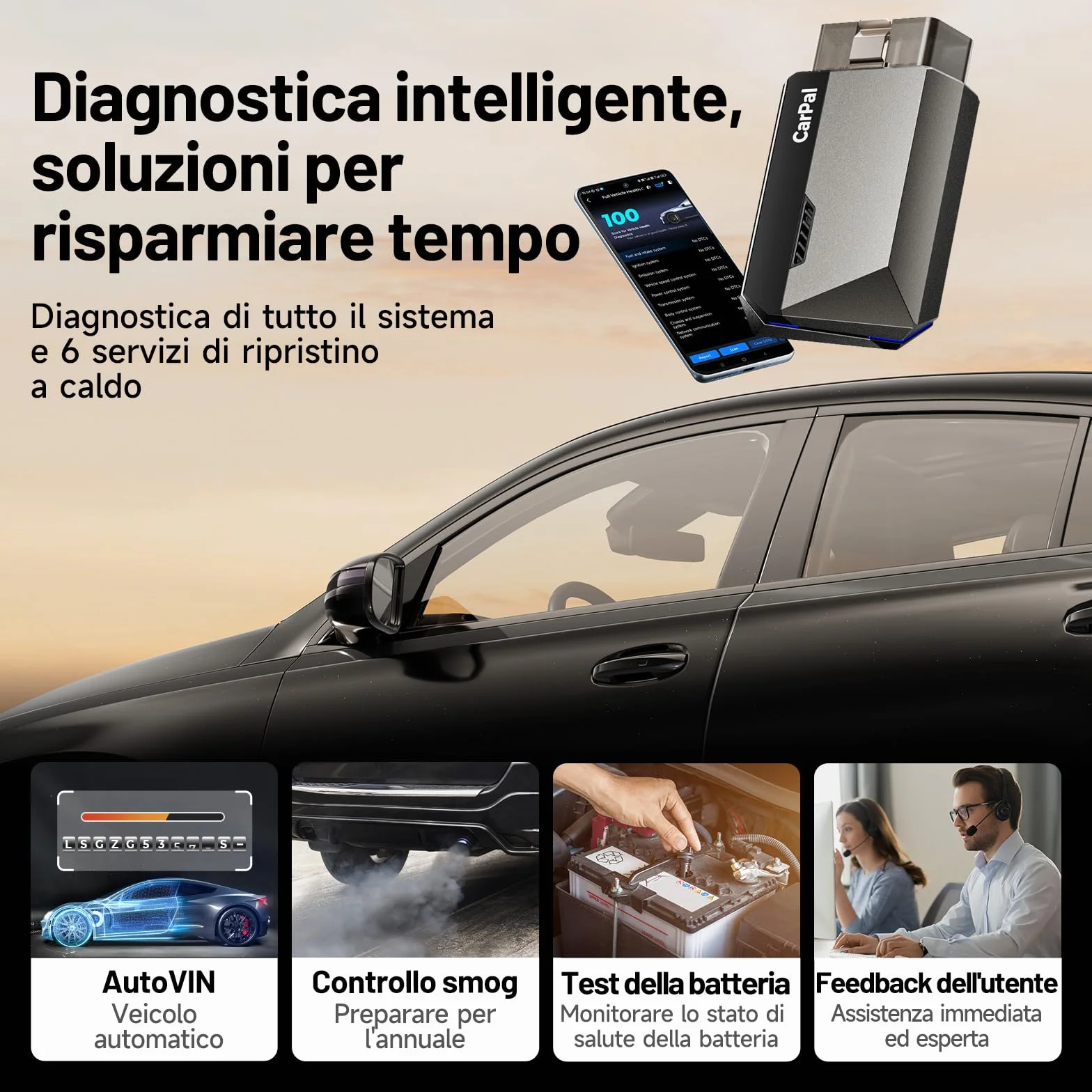 TOPDON CarPal-A OBD2 Diagnosi Auto Bluetooth Professionale Italiano, 6 Servizi Reset, AutoVIN, Ispezione Motore
