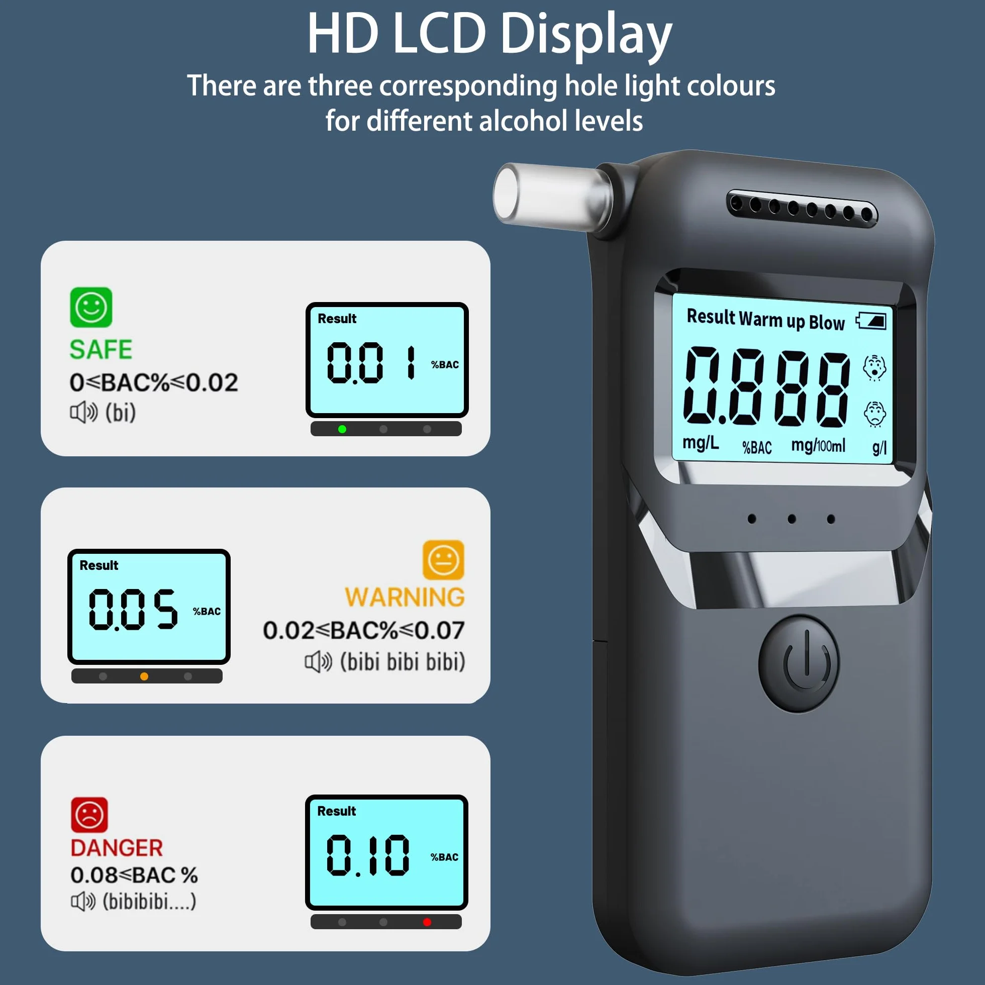Etilometro Portatile Certificato con Display LCD, Indicatore a Tre Colori, Elevata Precisione, 10 Bocchini Sostituibili