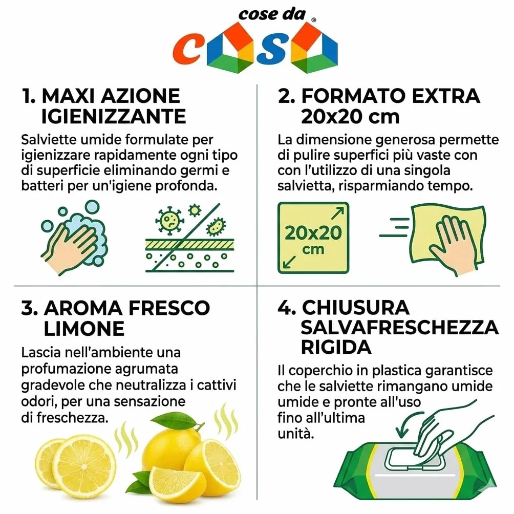Salviette Umide Igienizzanti al Profumo di Limone 20x20 cm Antibatteriche per Superfici Lavabili