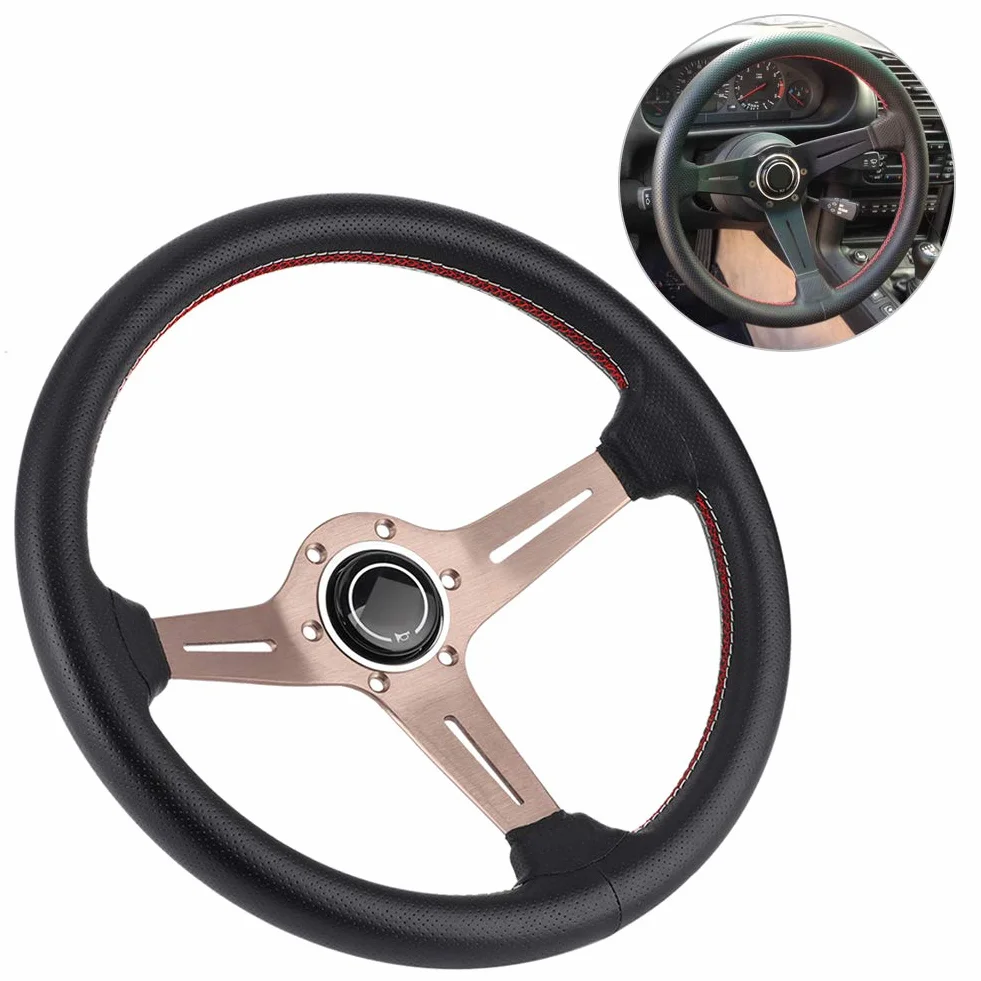 Volante Volante Nardi, Volante 250 Mm 14 Pollici per Mezzo Piatto a 6 Bulloni Stile Nardi Volante Corsa in Pelle Traforata Nera con Parti Modificate in Clacson