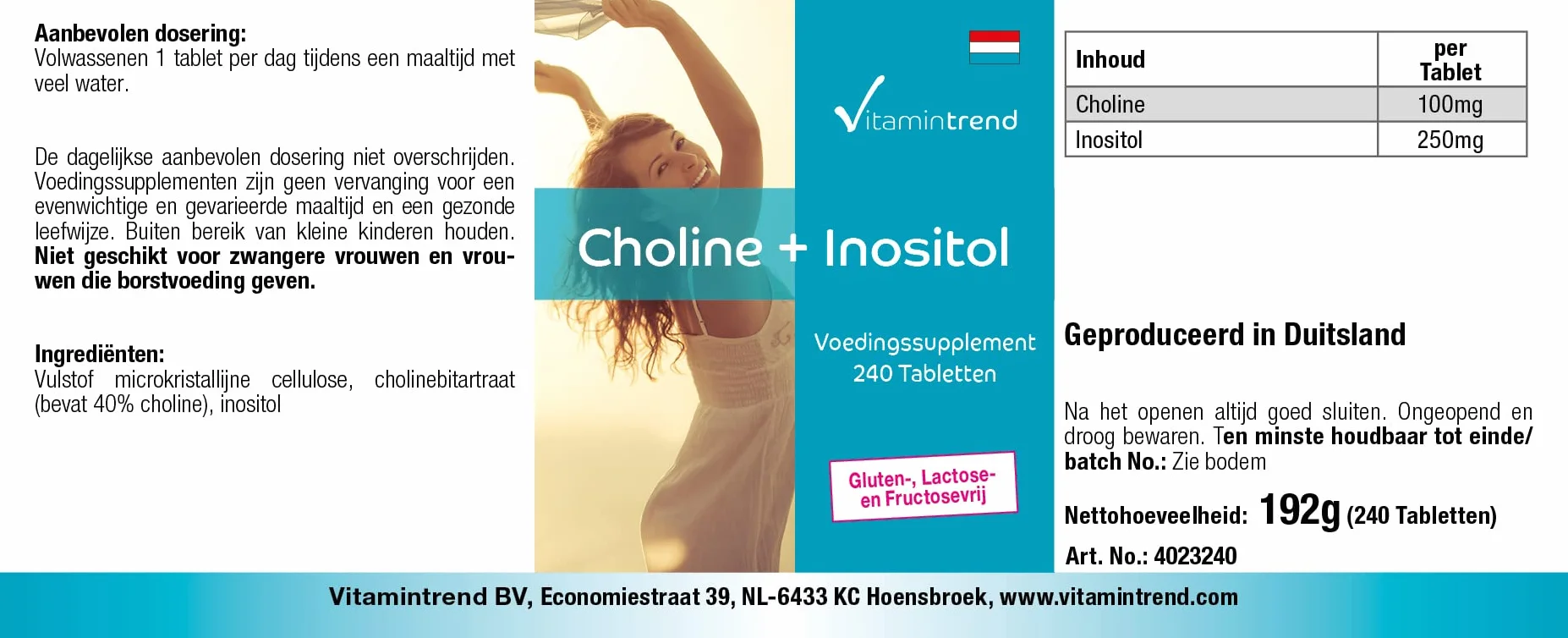 Vitamintrend Colina 100 mg + Inositolo 250 mg, 240 compresse integratore alimentare vegano