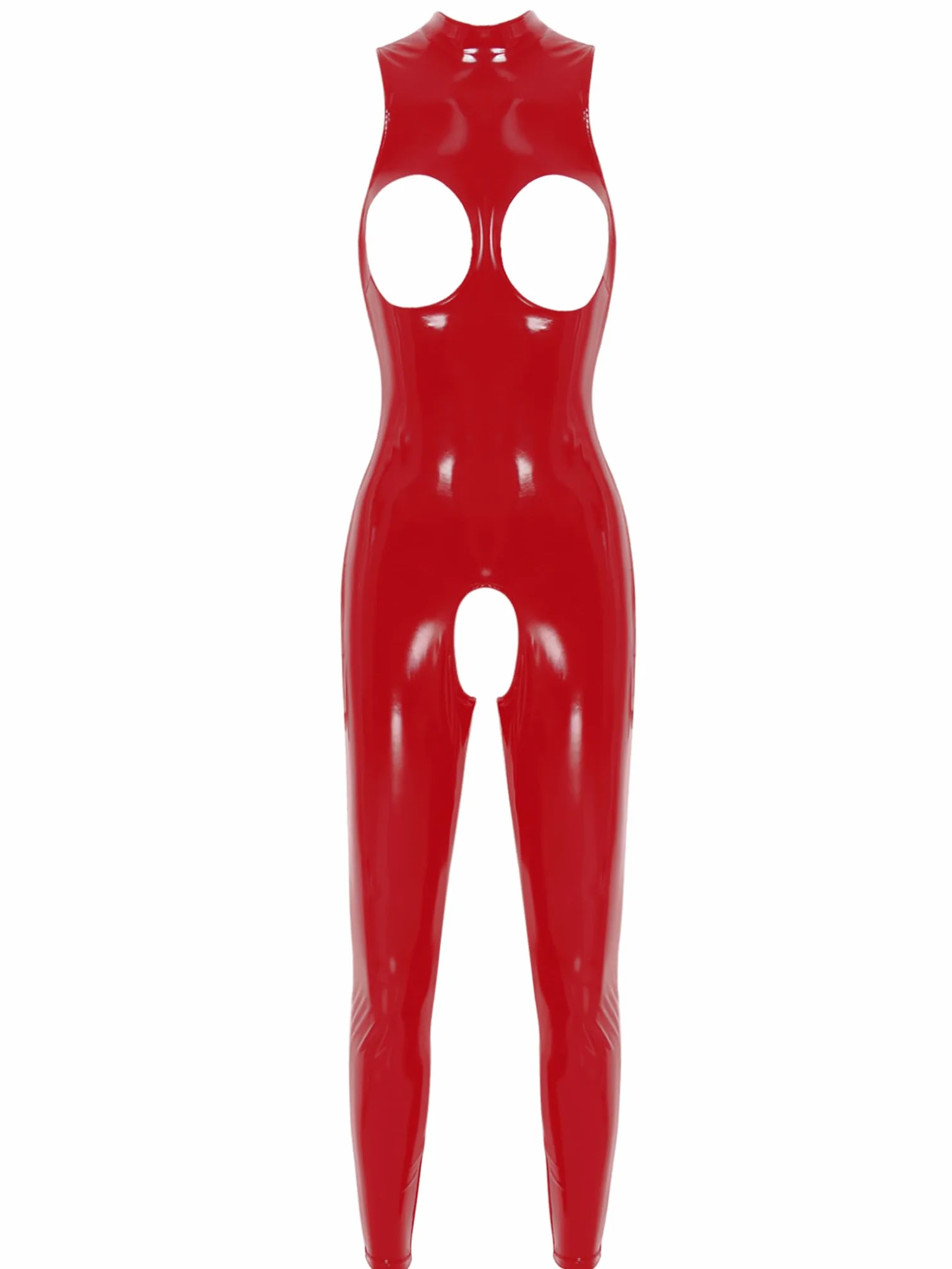 Donna Look Bagnato Pelle Verniciata Catsuit Apertura Inguine Senza Maniche Body Traforato