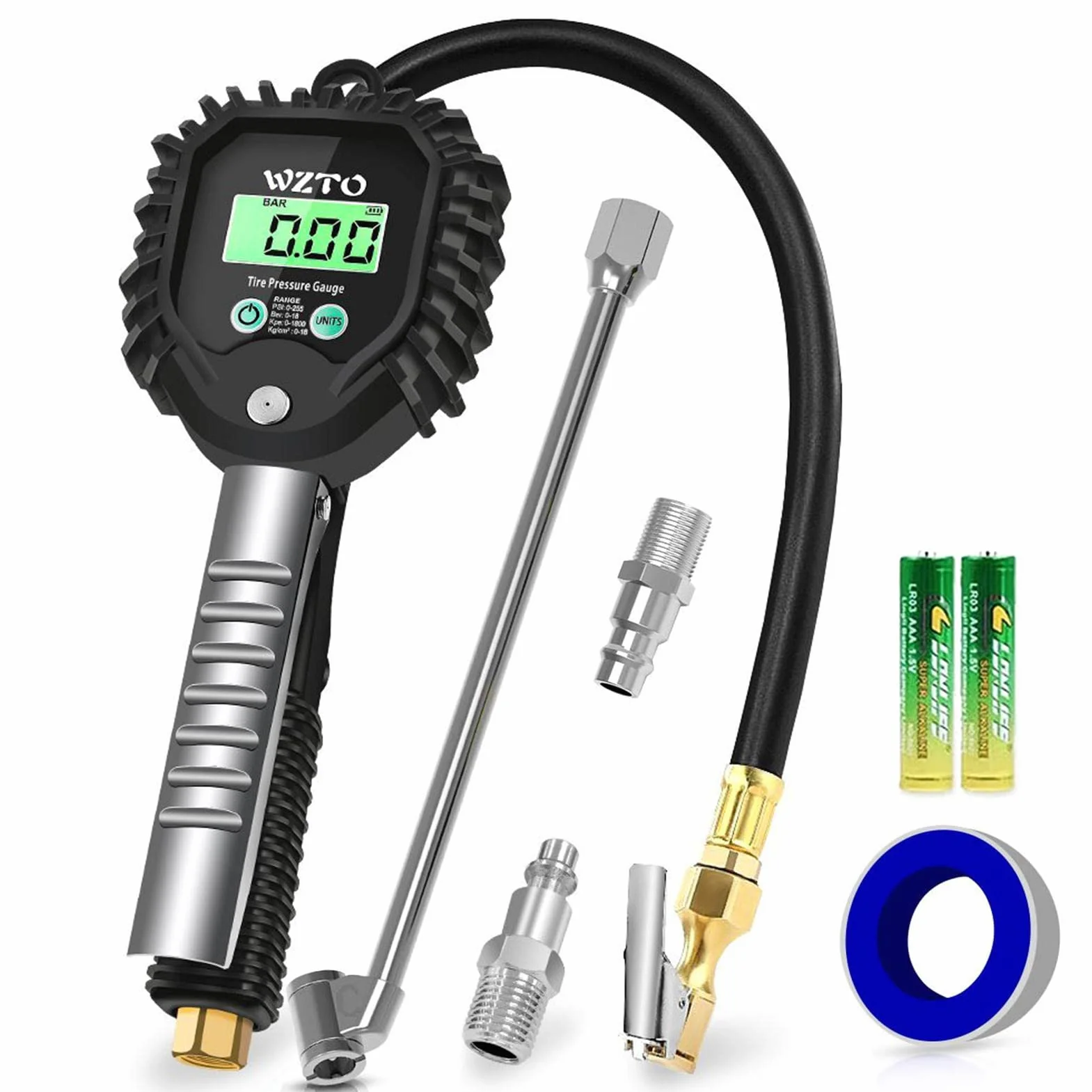 Manometro Pressione Gomme Professionale Digitale 255 PSI Pistola Gonfiaggio Pneumatici LCD Retroilluminato