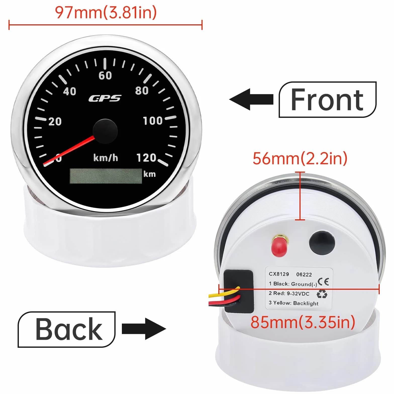 Tachimetro GPS da 85 mm, contachilometri 0-120 km/H, impermeabile, IP67, 7 colori, per auto, barca, yacht, 12 V/24 V
