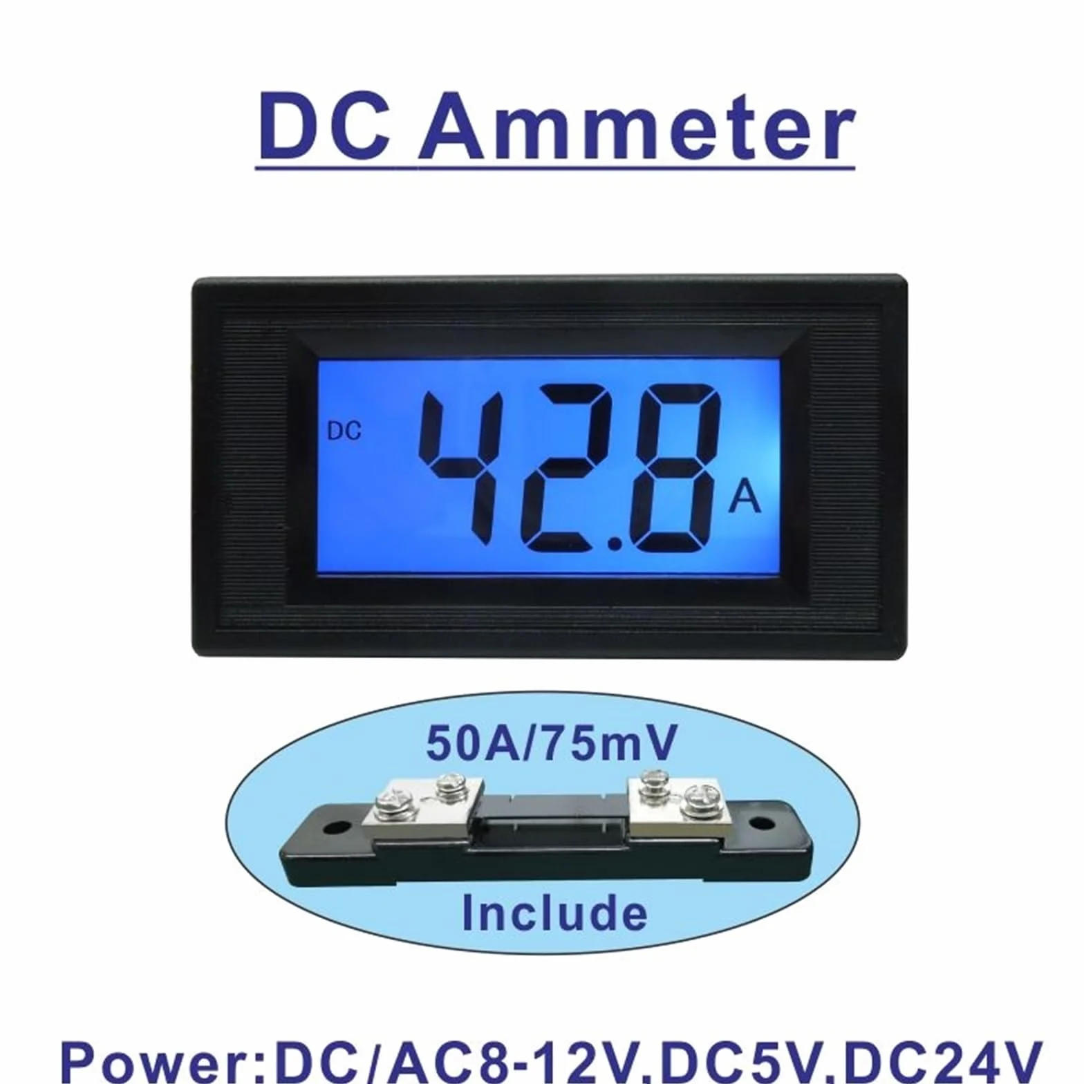 Amperometro DC50A Misuratore di corrente DC digitale Amp Tester da pannello Amperometro DC Include monitor di corrente 50A/75mV LCD con retroilluminazione blu(Power DC or AC 8-12V)
