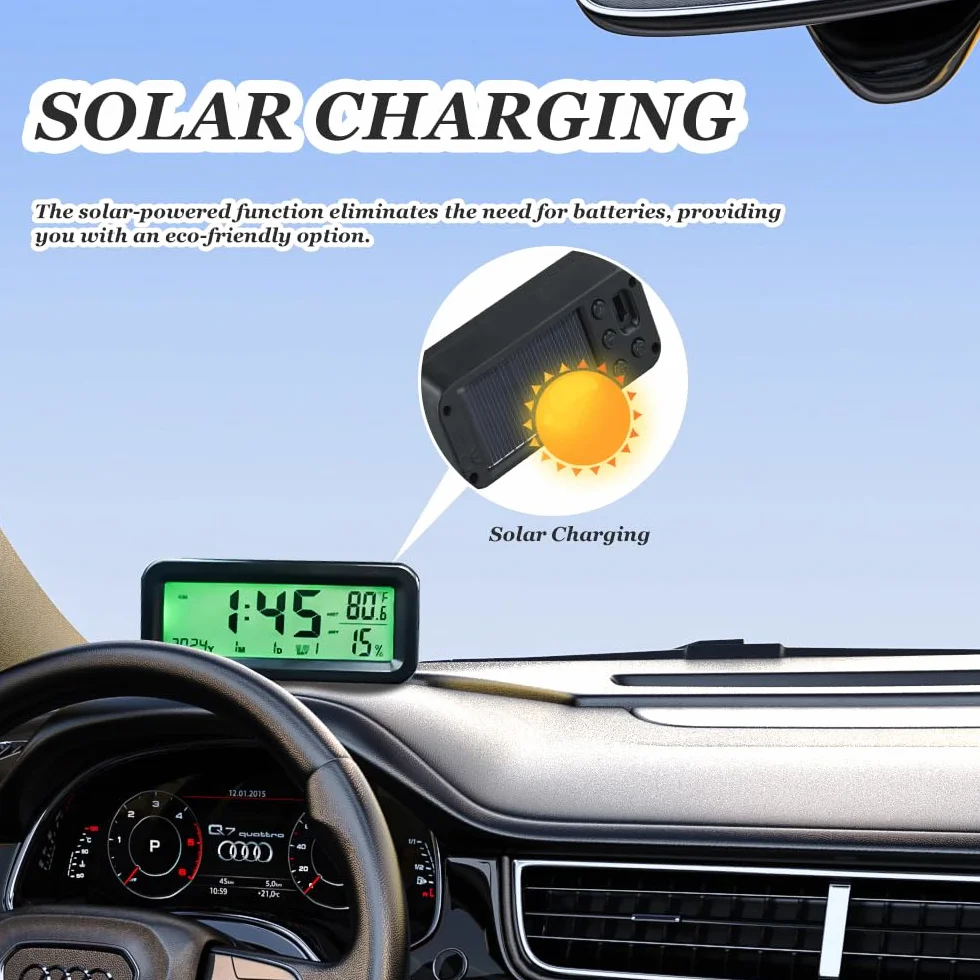 Mini Orologio Digitale da Auto Solare Cruscotto 8x3x3.5 cm Display LCD Temperatura