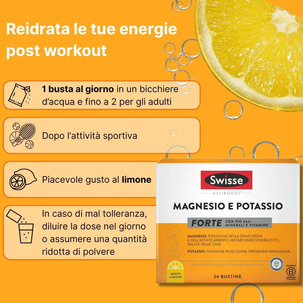 Swisse Magnesio e Potassio FORTE Integratore Potassio Magnesio Polvere 24 Bustine Limone Made in Italy